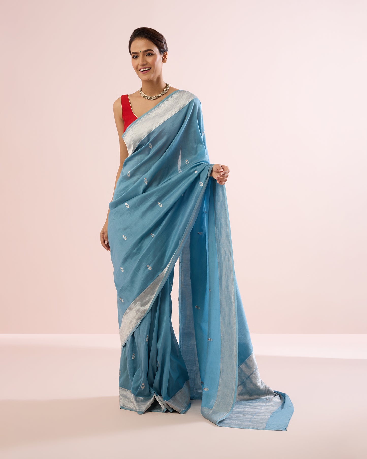 FLOWER BOOTI SILK VOILE SAREE – PORCELAIN & SILVER