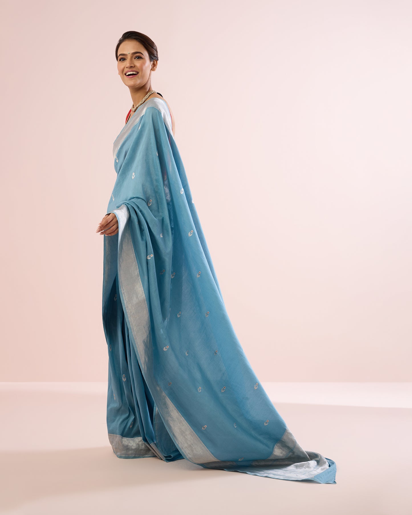 FLOWER BOOTI SILK VOILE SAREE – PORCELAIN & SILVER