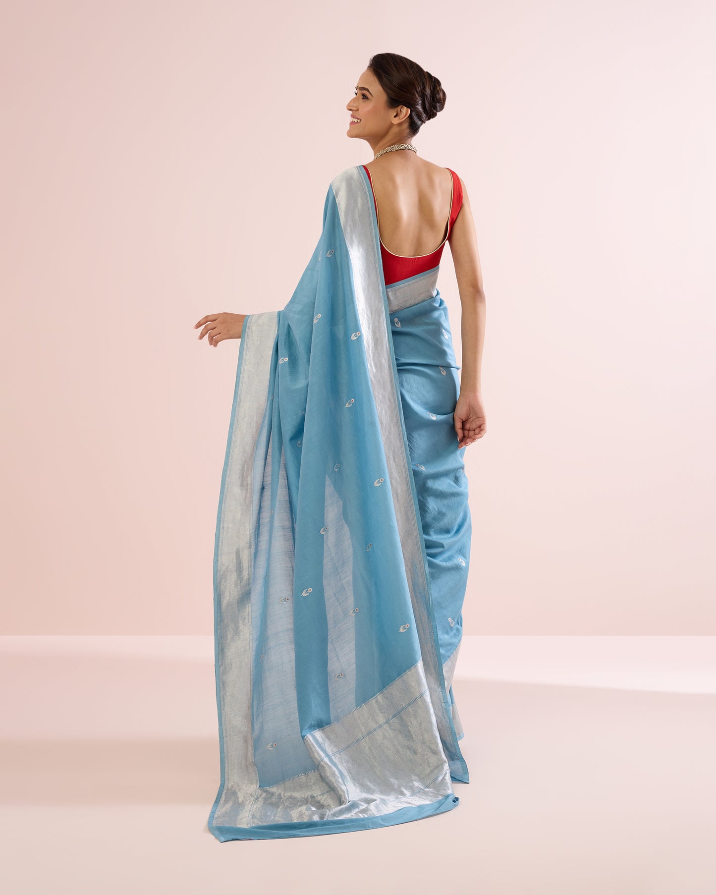 FLOWER BOOTI SILK VOILE SAREE – PORCELAIN & SILVER