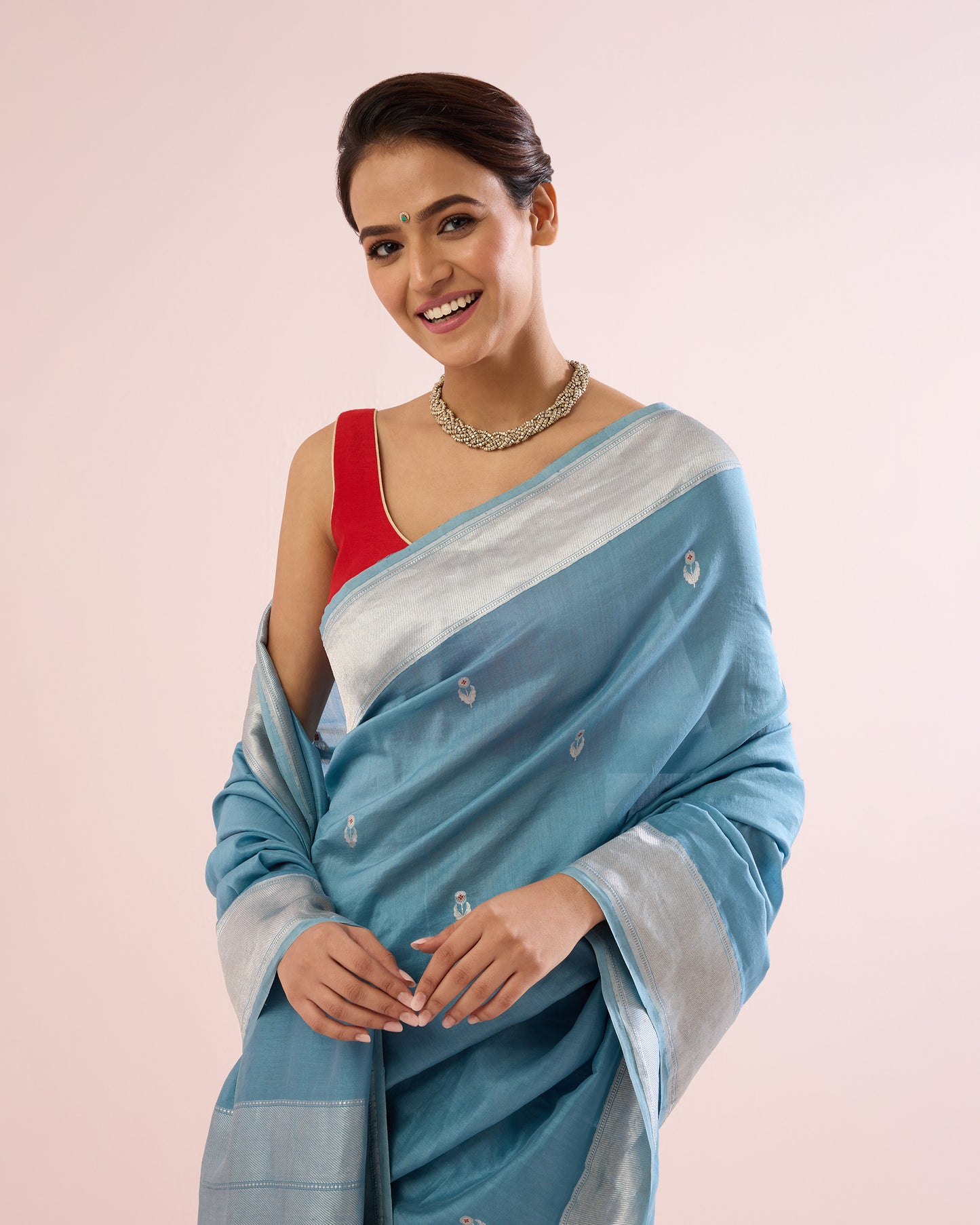 FLOWER BOOTI SILK VOILE SAREE – PORCELAIN & SILVER