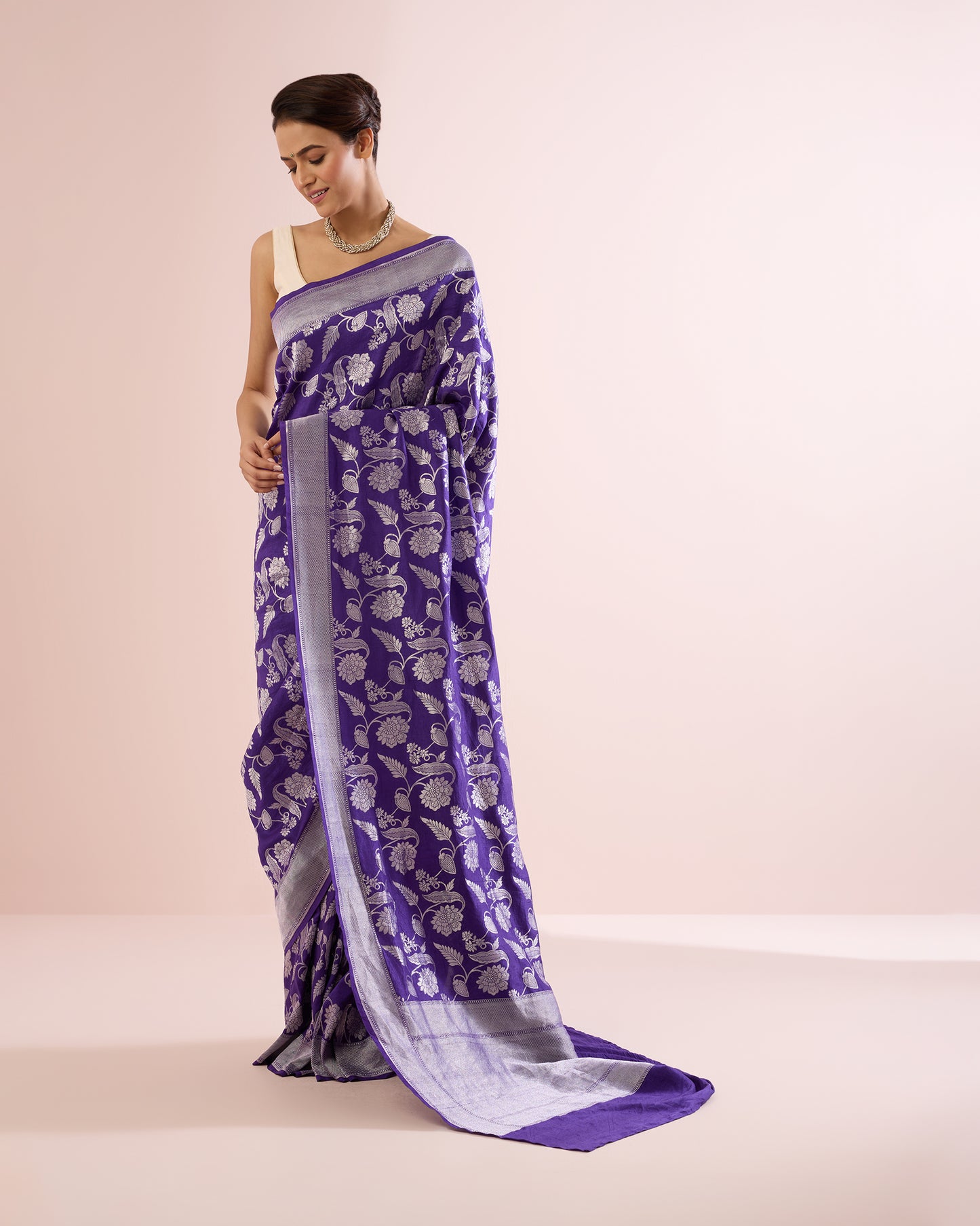 FLORAL VINE SILK DUPION SAREE – VIOLET