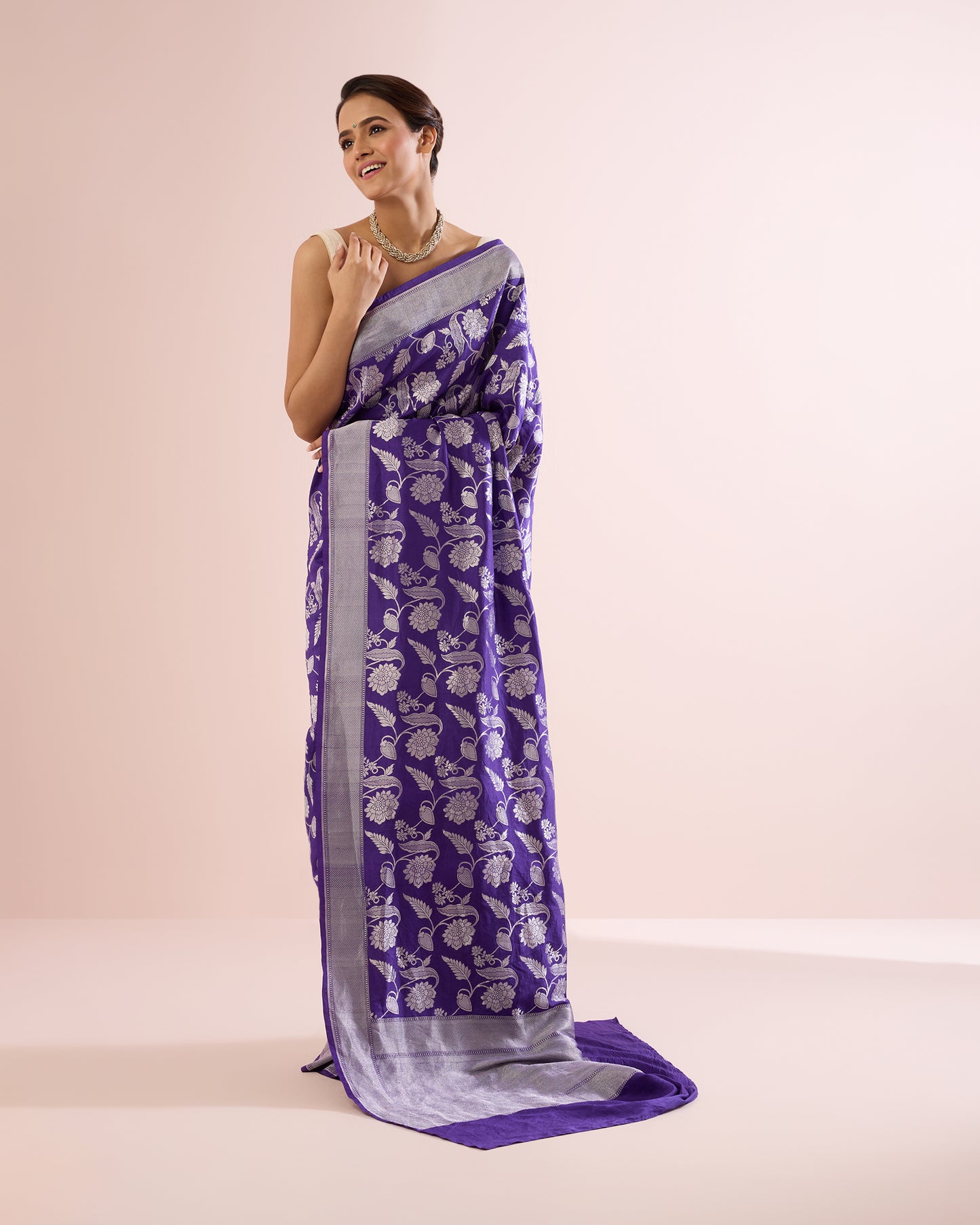FLORAL VINE SILK DUPION SAREE – VIOLET