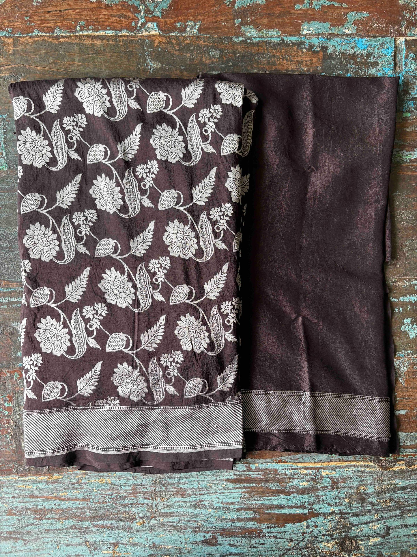 FLORAL VINE SILK DUPION SAREE – DEEP CACAO