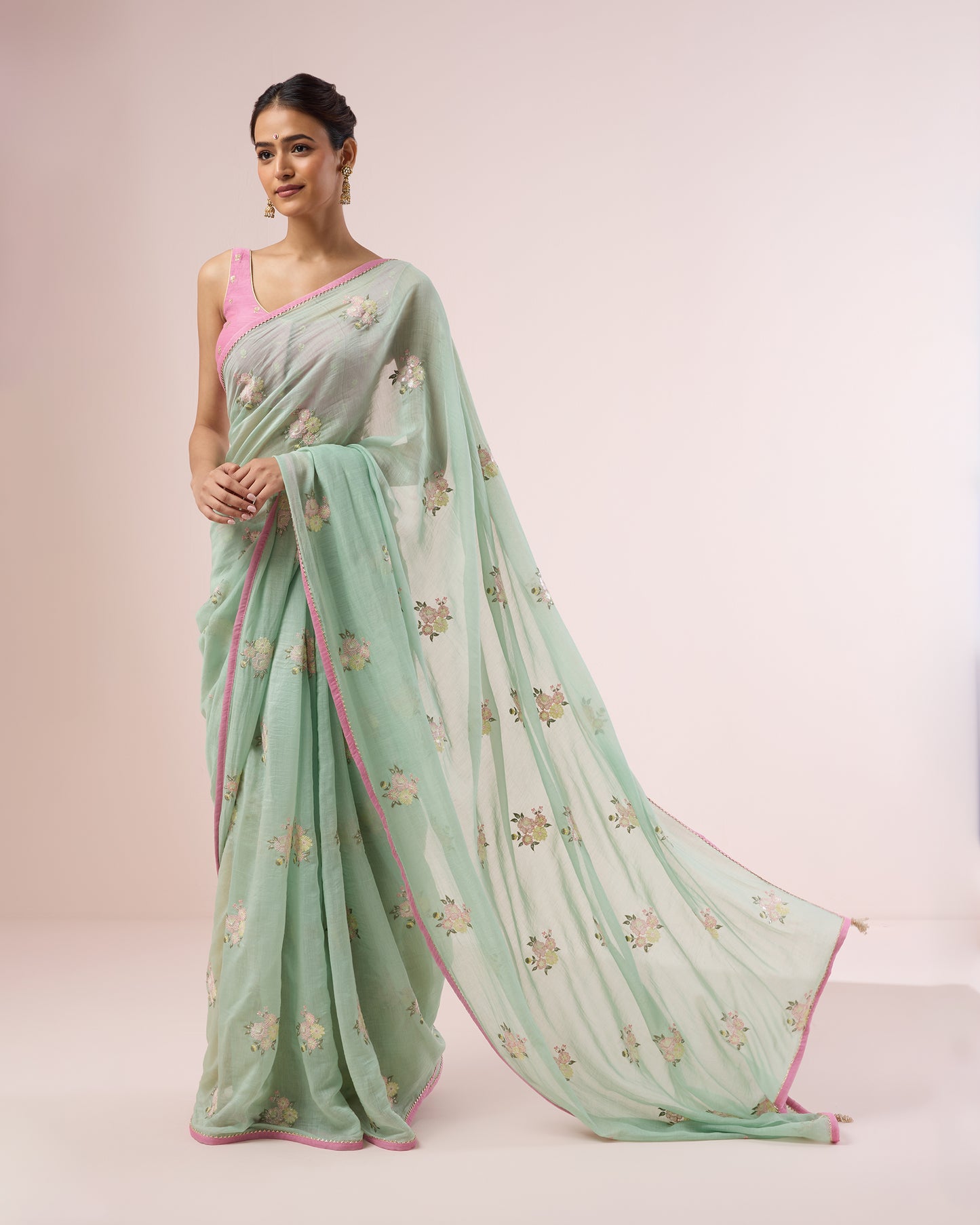 Peony Chanderi Silk Saree – Pistachio