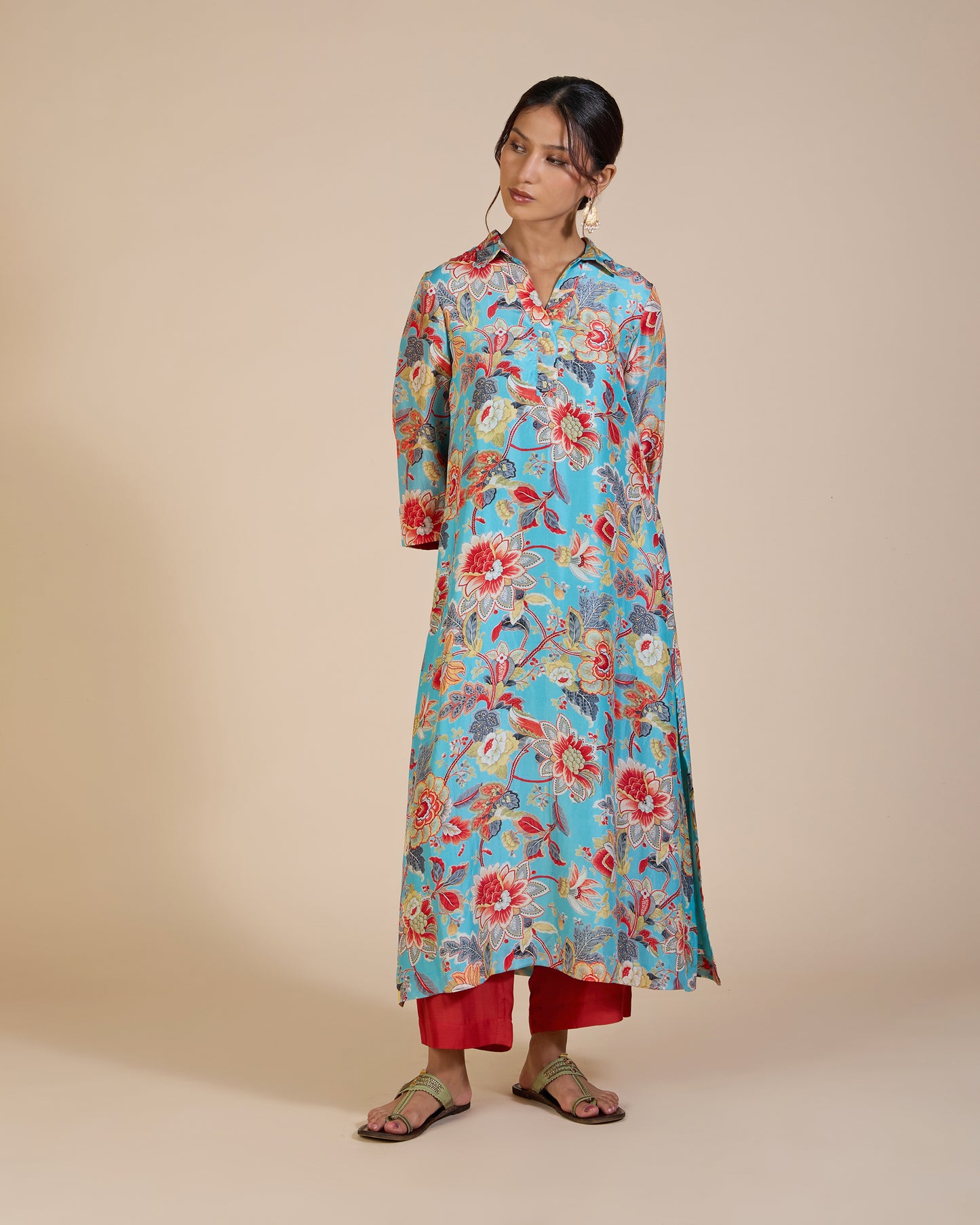 Turquoise & Red Carnation Co-Ord Set – Silk Route Collection