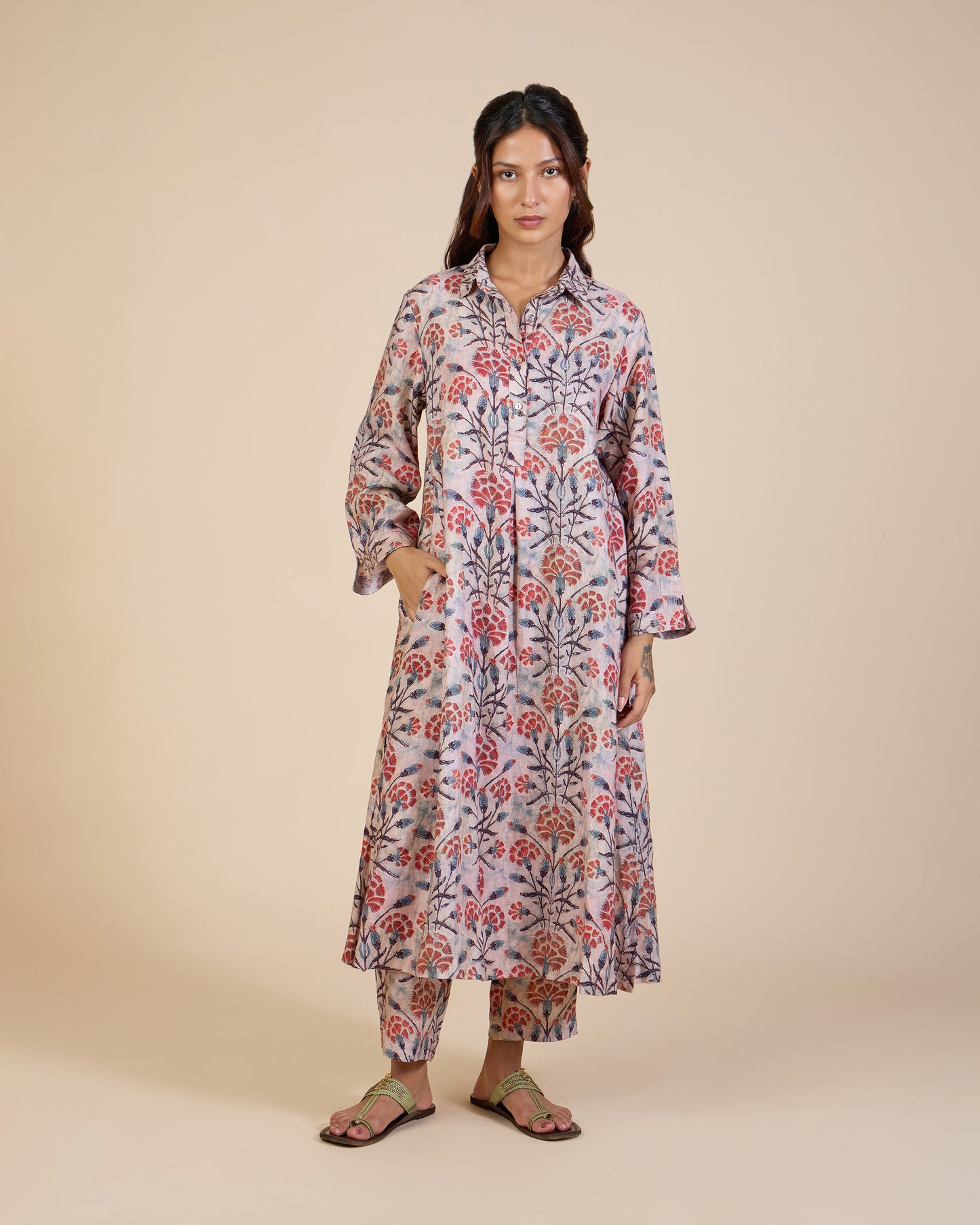 Red & Beige Vintage Buds Co-Ord Set - Lush Linens Collection