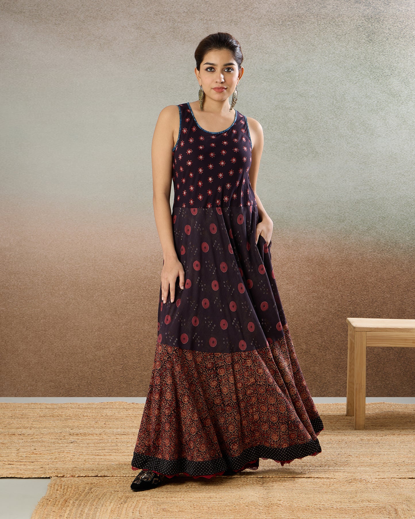 Burgundy Bias Long Dress - The Spice of Kutch Collection