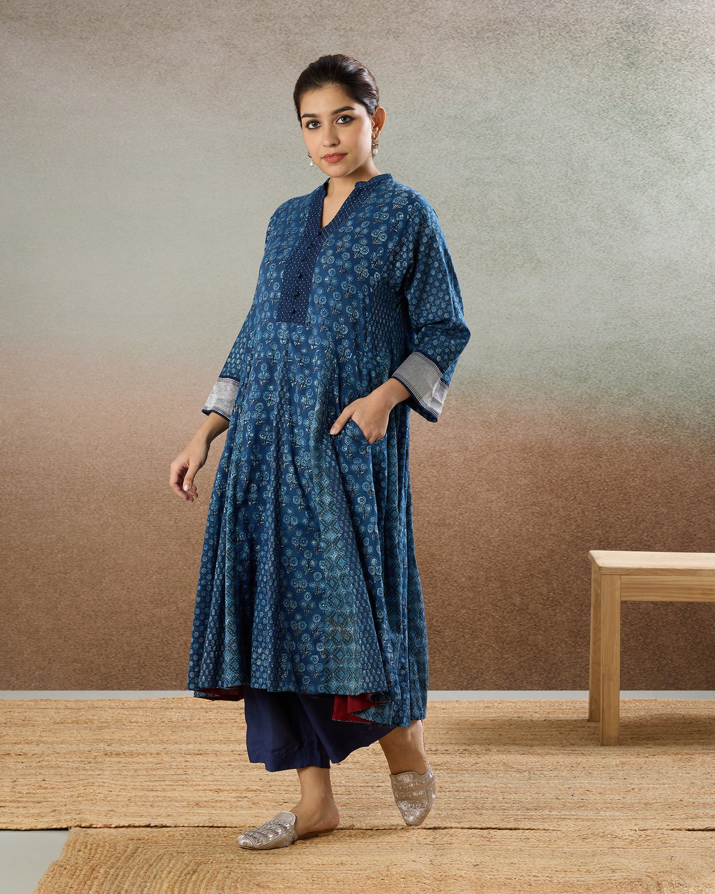 Indigo Godet Tunic & Pants Set - The Spice of Kutch Collection