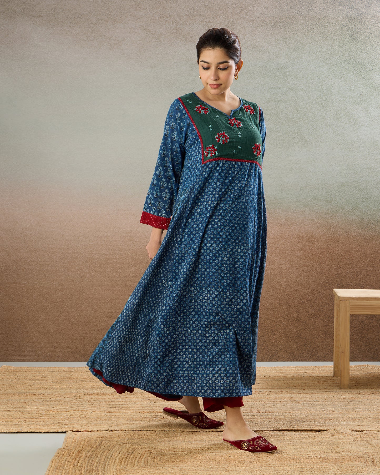 Indigo Embroidered Yoke Tunic & Pants Set - The Spice of Kutch Collection