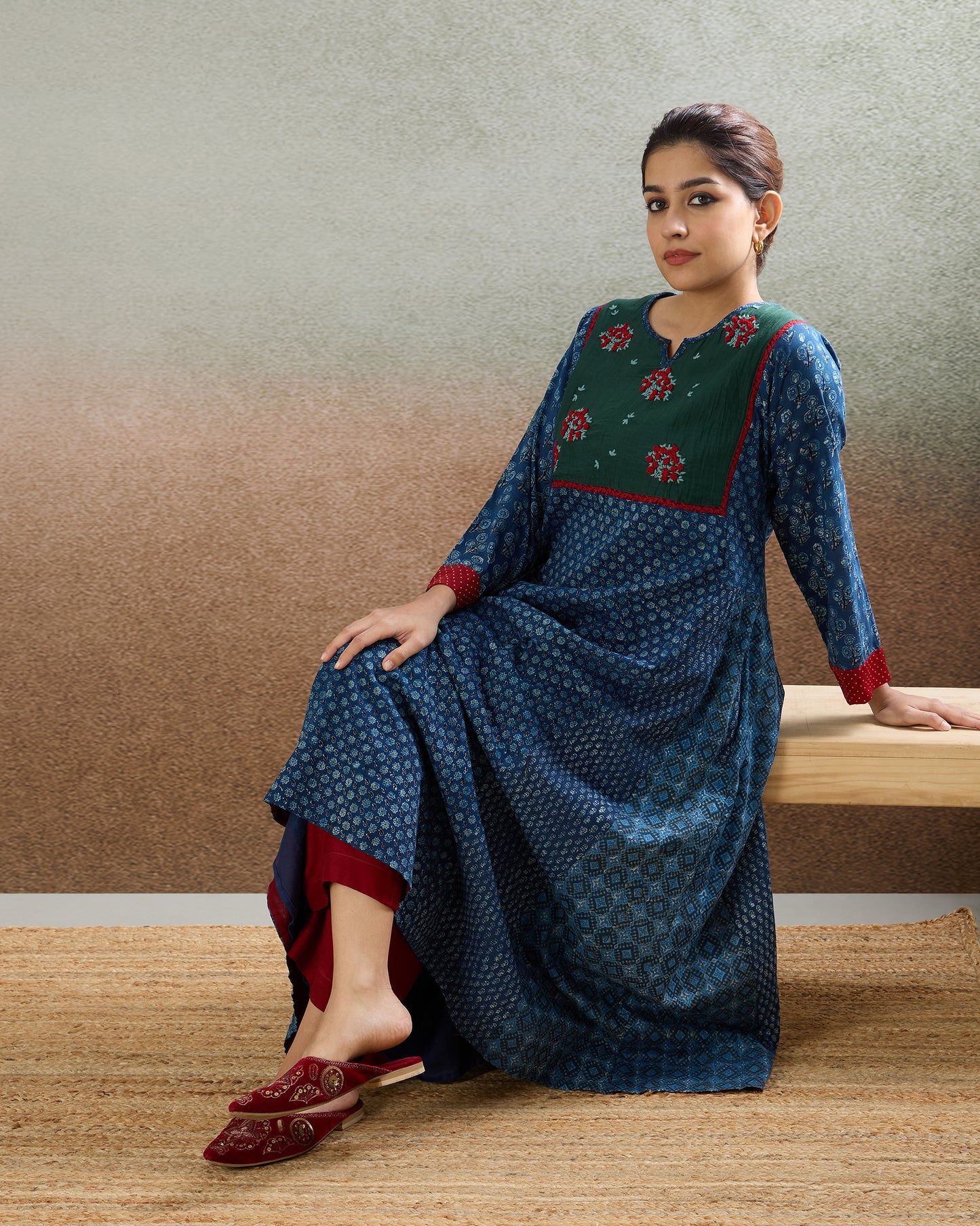 Indigo Embroidered Yoke Tunic & Pants Set - The Spice of Kutch Collection