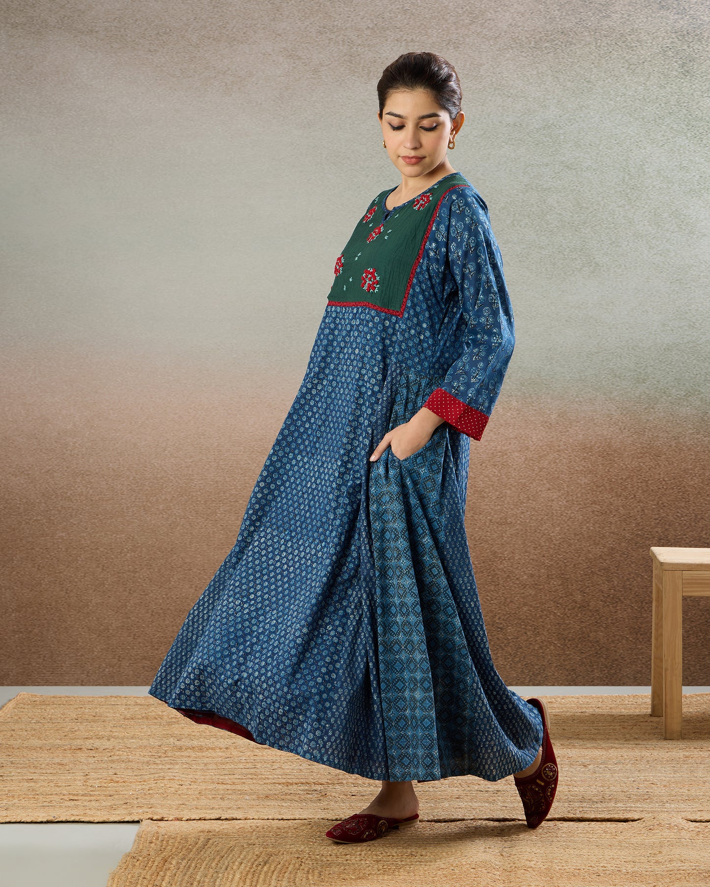 Indigo Embroidered Yoke Tunic & Pants Set - The Spice of Kutch Collection