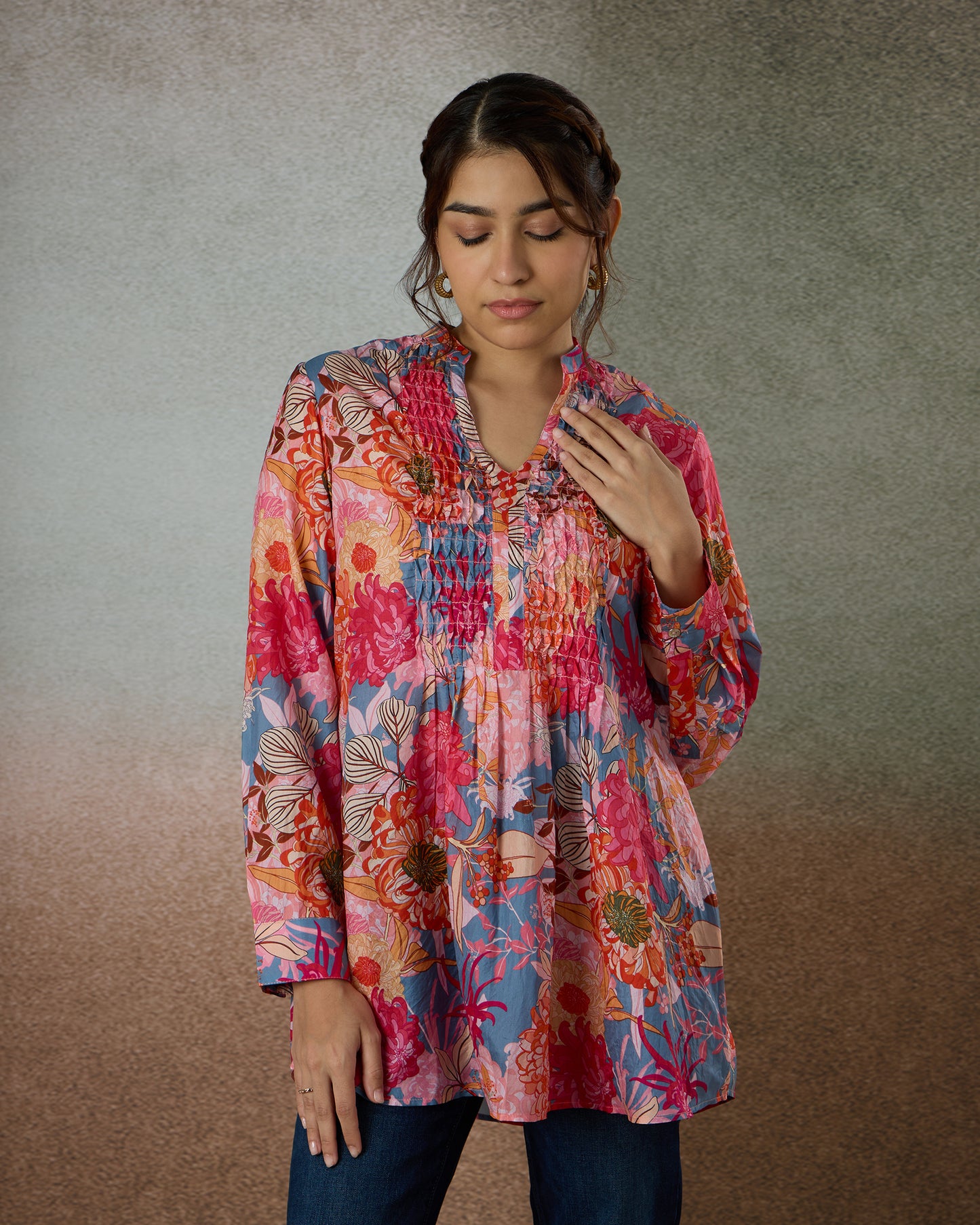 Pink Daisies Silk Tunic Shirt - Silk Route Collection