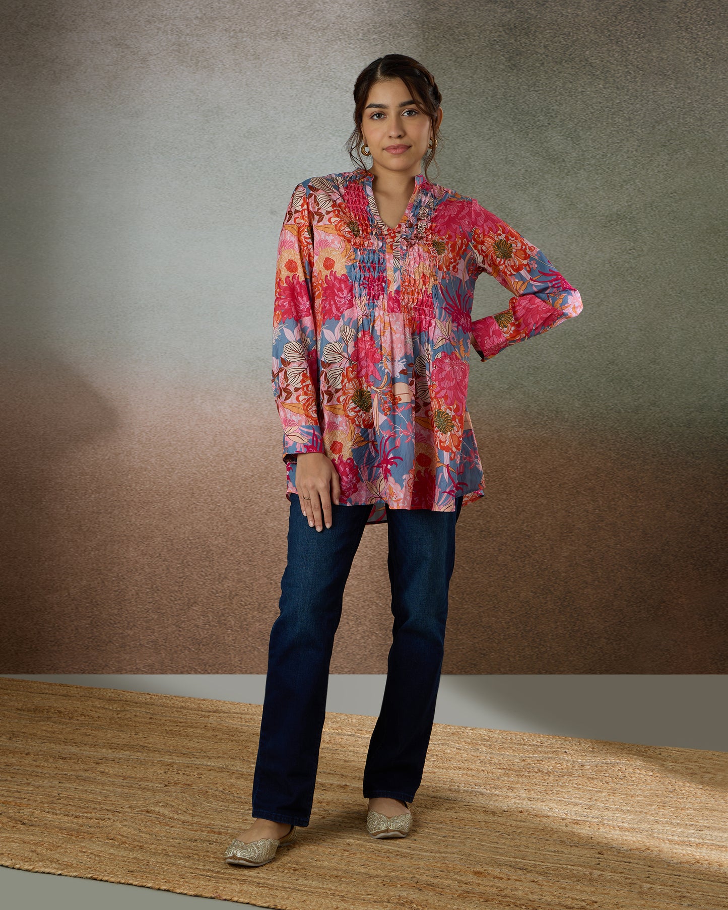 Pink Daisies Silk Tunic Shirt - Silk Route Collection