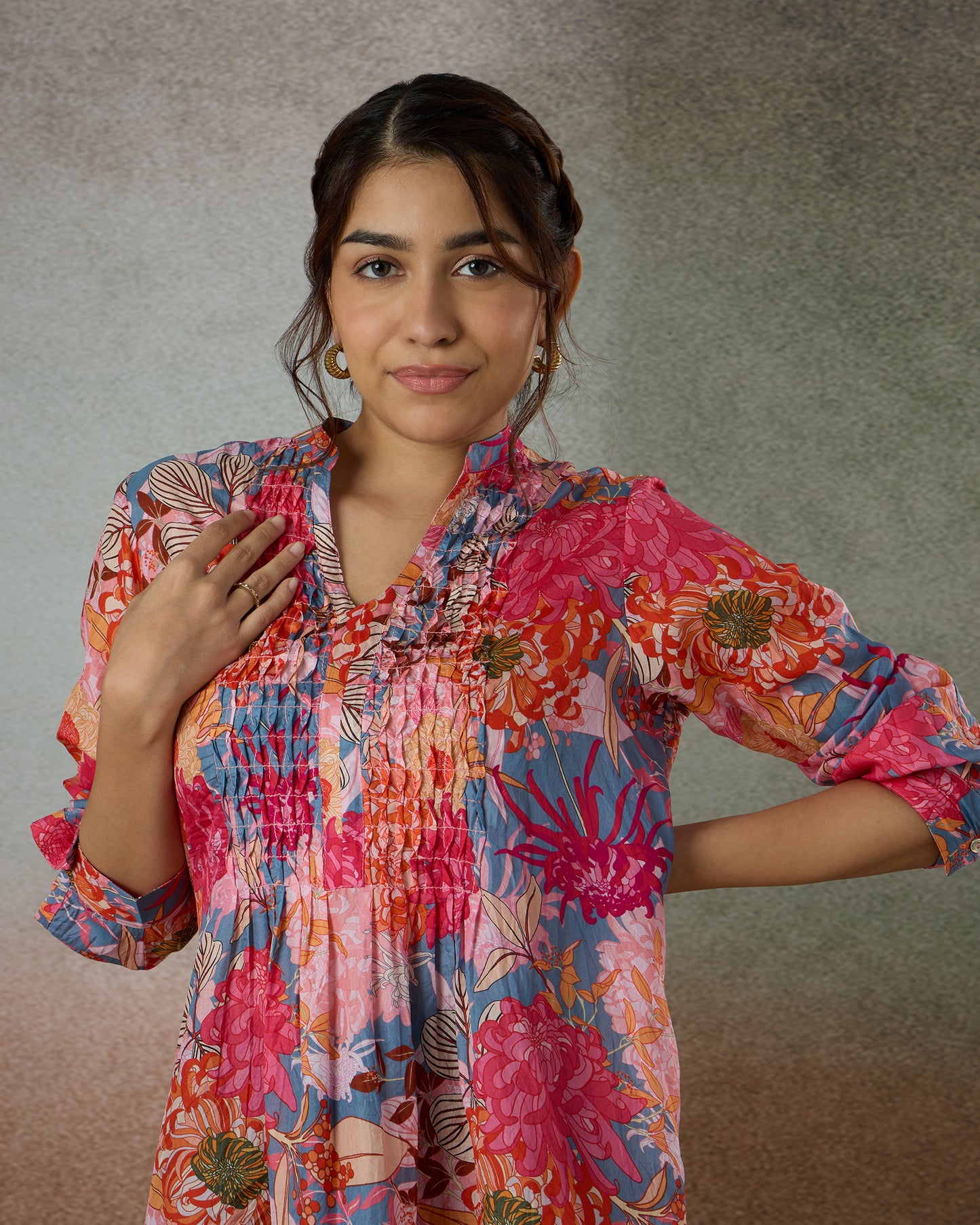 Pink Daisies Silk Tunic Shirt - Silk Route Collection