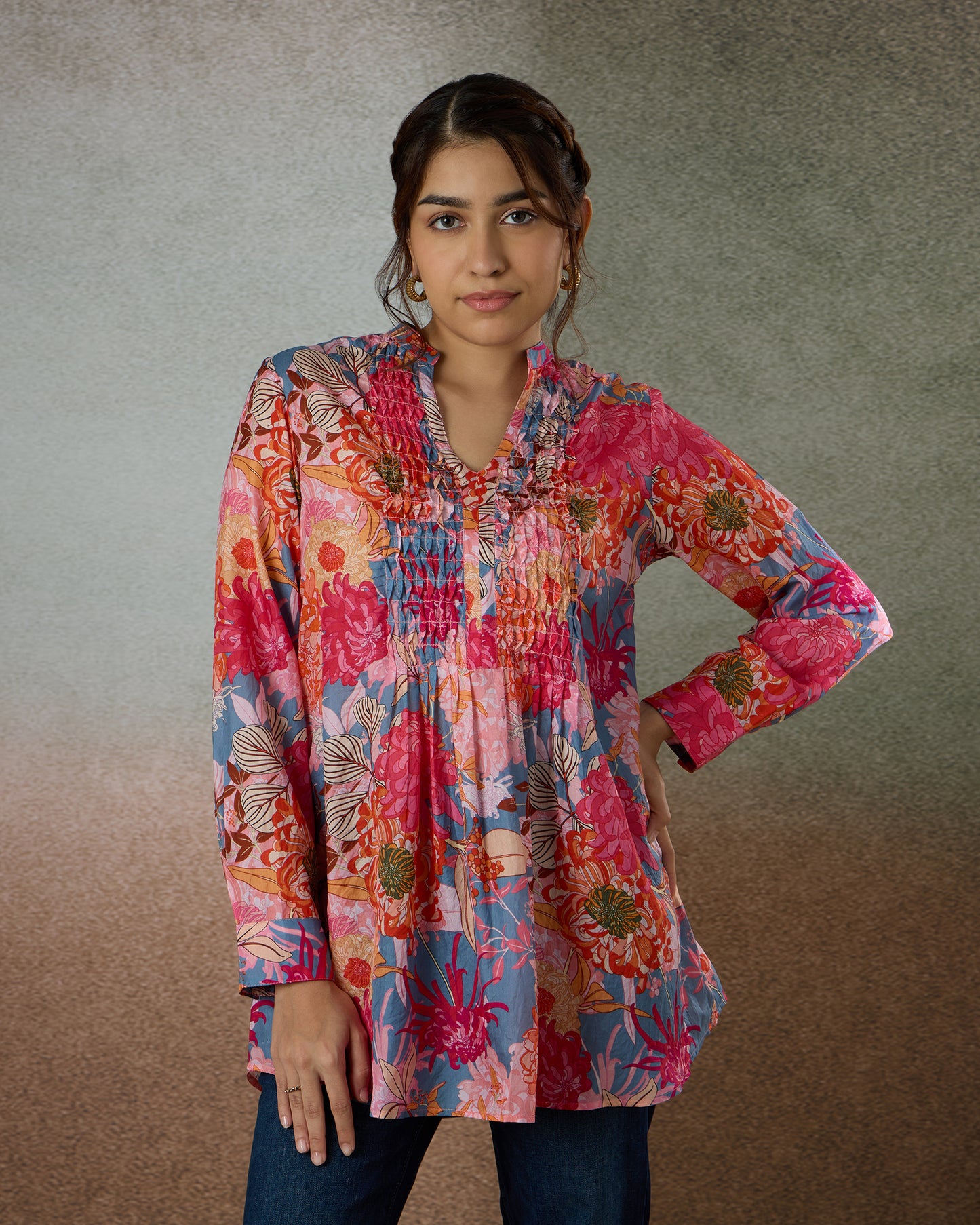 Pink Daisies Silk Tunic Shirt - Silk Route Collection