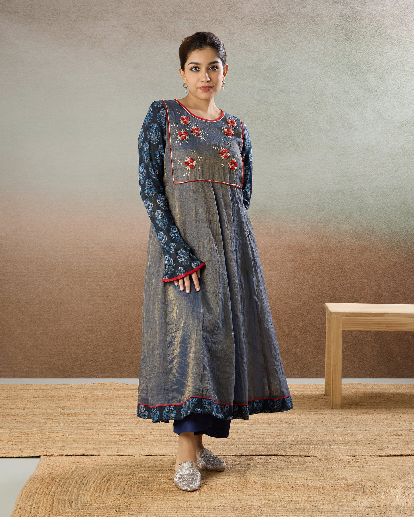 Indigo Tissue Embroidered Yoke Tunic & Pants Set - The Spice of Kutch Collection