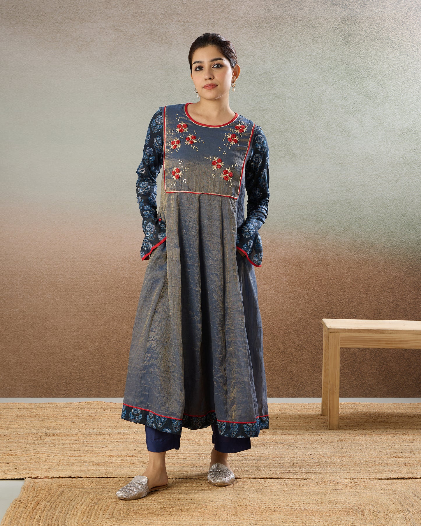 Indigo Tissue Embroidered Yoke Tunic & Pants Set - The Spice of Kutch Collection