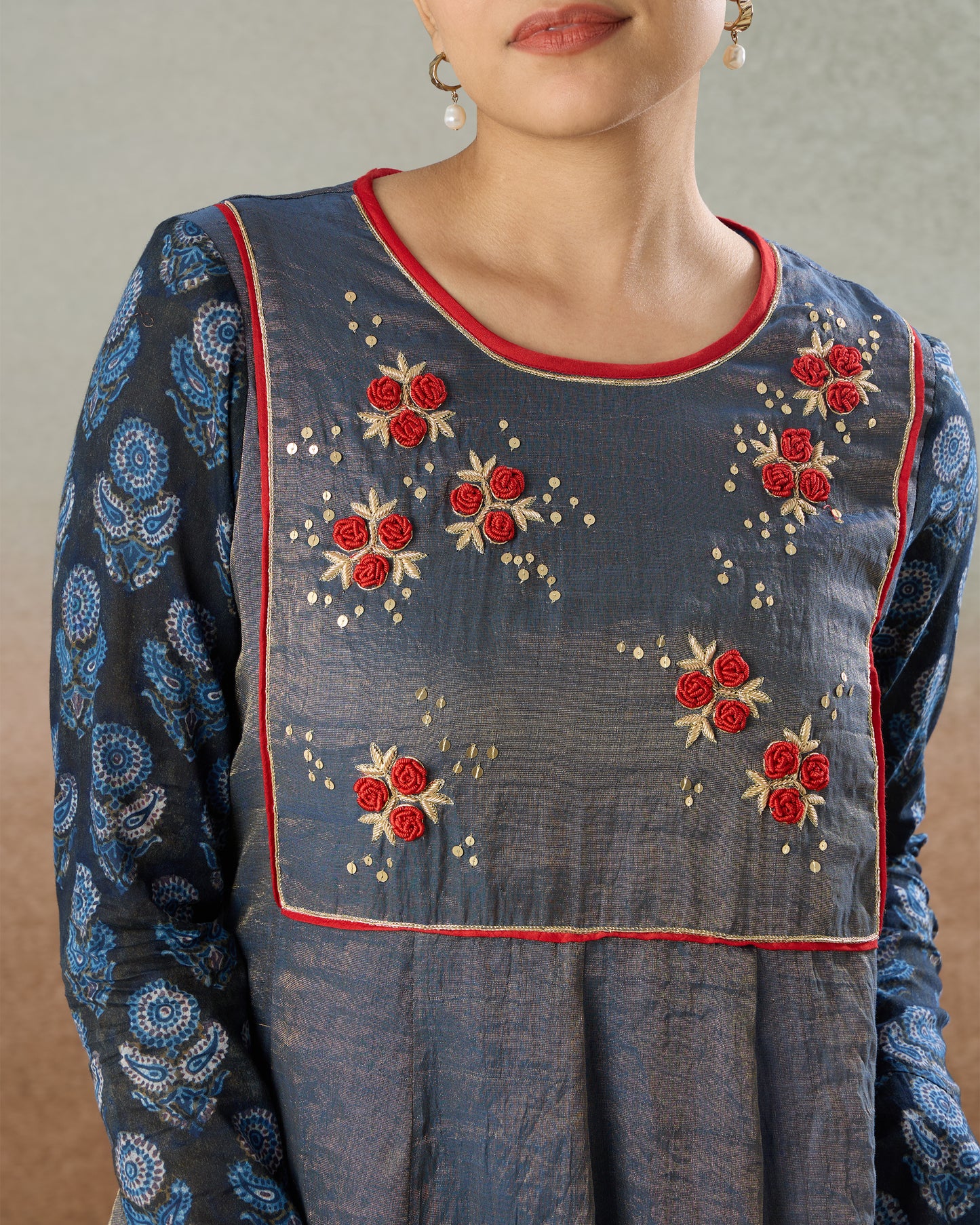 Indigo Tissue Embroidered Yoke Tunic & Pants Set - The Spice of Kutch Collection