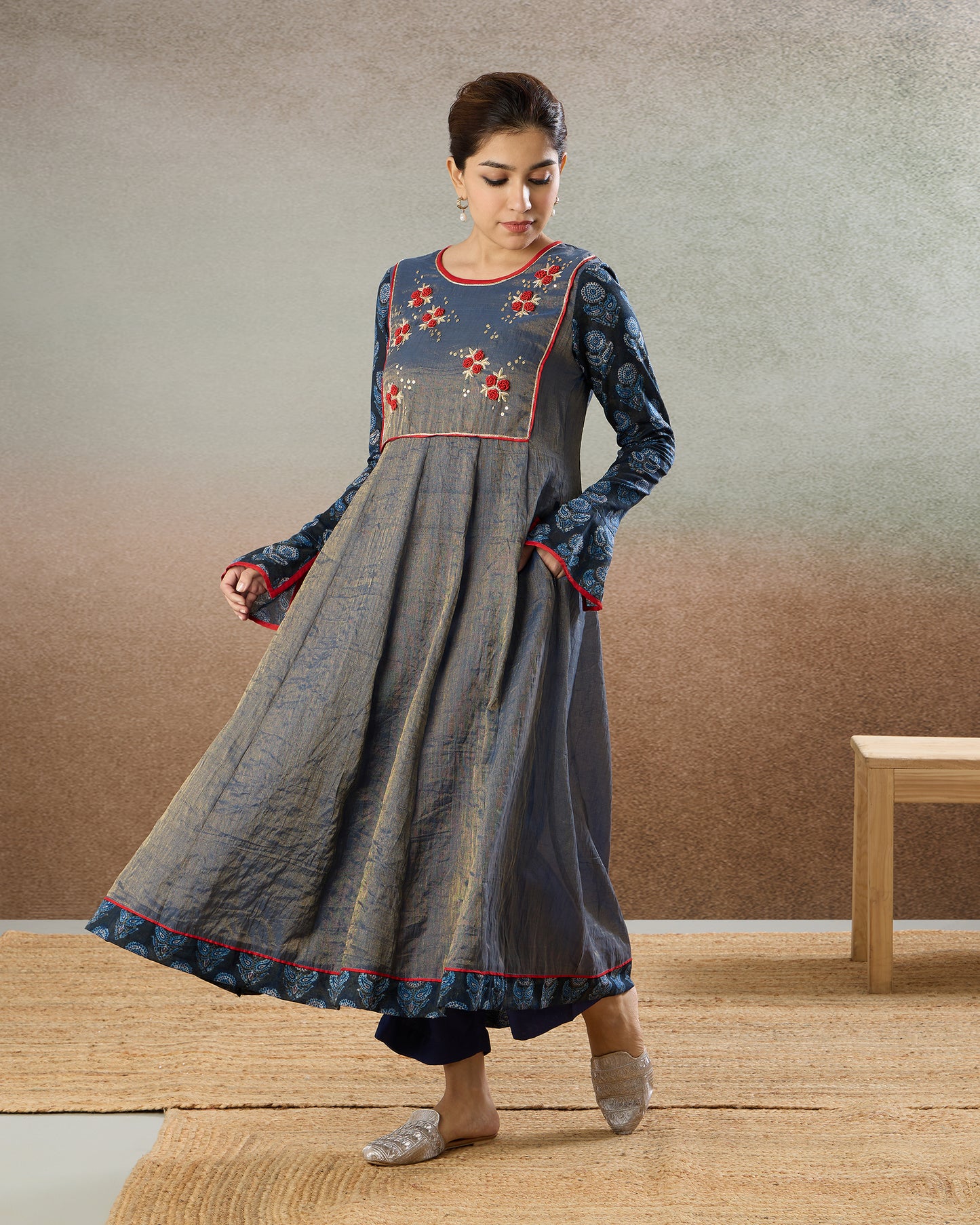 Indigo Tissue Embroidered Yoke Tunic & Pants Set - The Spice of Kutch Collection