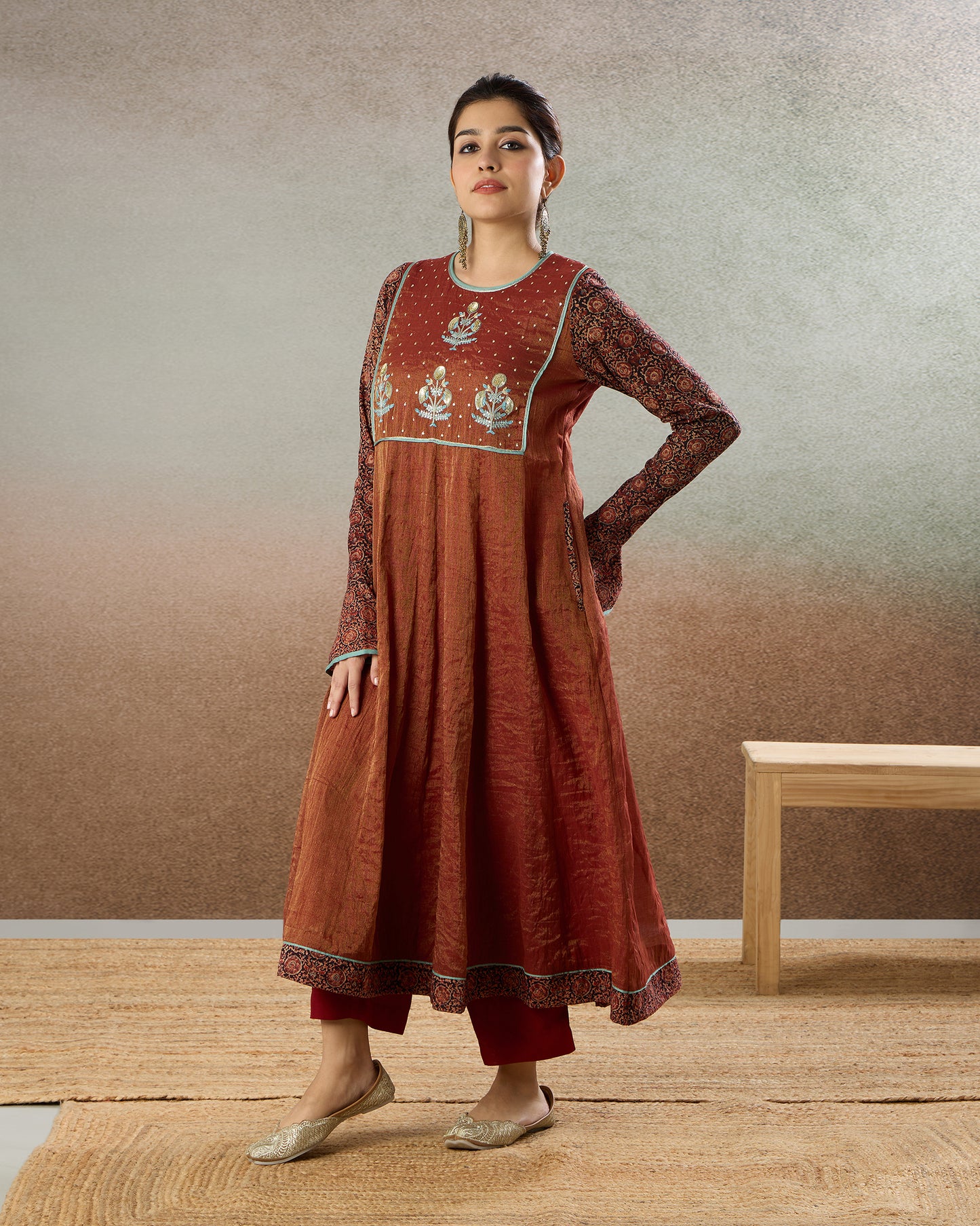 Burgundy Tissue Embroidered Yoke Tunic & Pants Set - The Spice of Kutch Collection