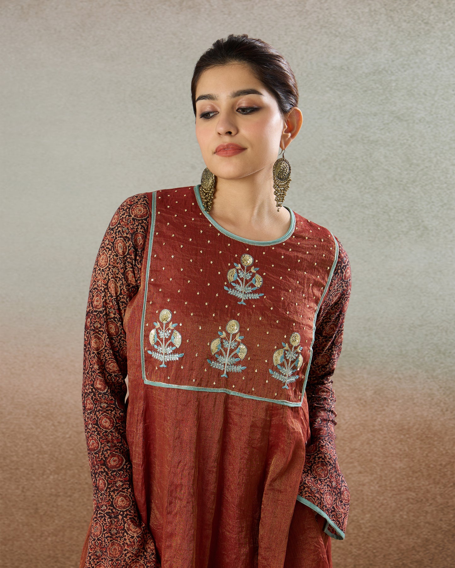 Burgundy Tissue Embroidered Yoke Tunic & Pants Set - The Spice of Kutch Collection