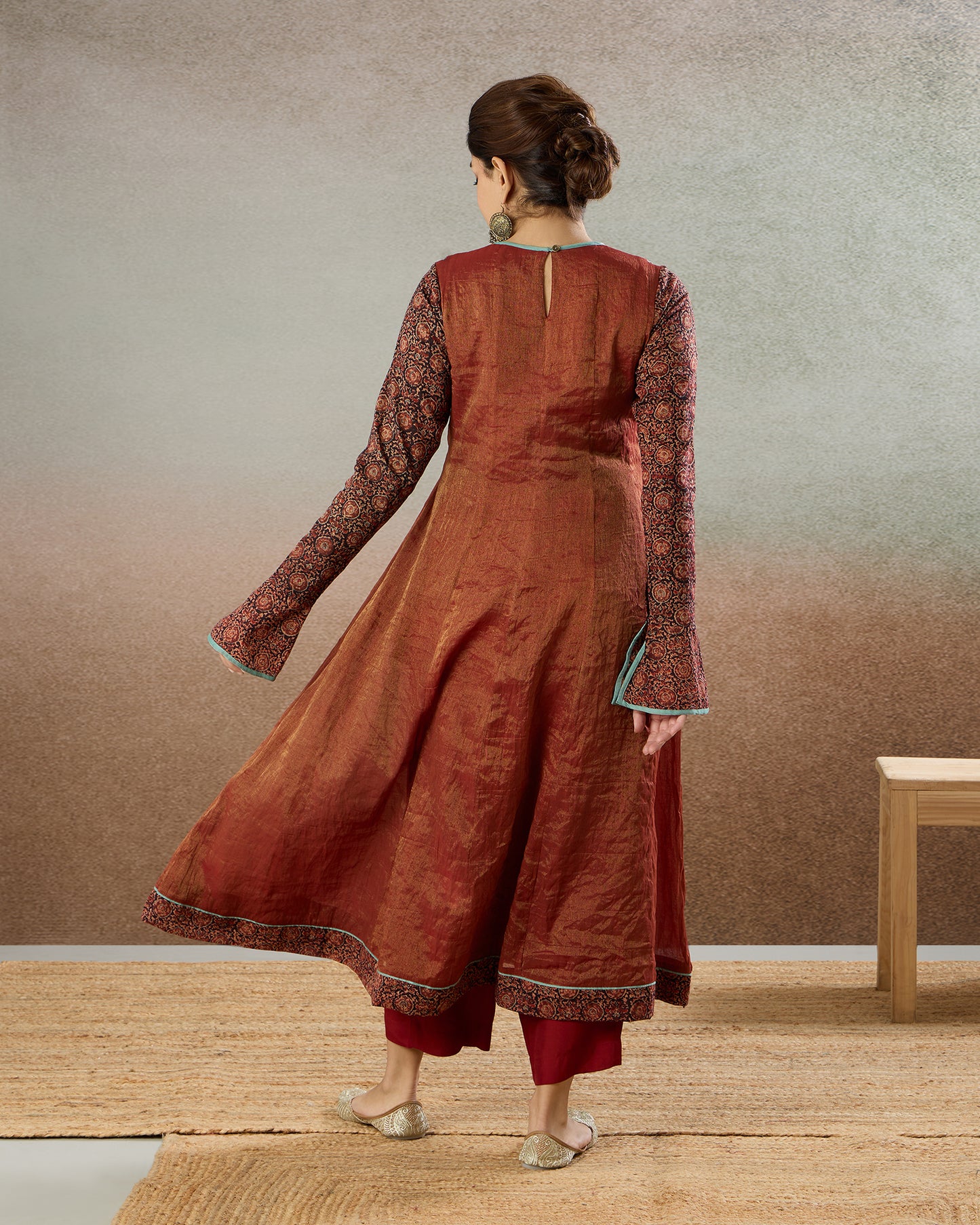 Burgundy Tissue Embroidered Yoke Tunic & Pants Set - The Spice of Kutch Collection