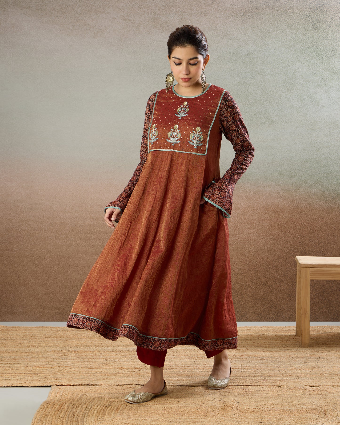 Burgundy Tissue Embroidered Yoke Tunic & Pants Set - The Spice of Kutch Collection