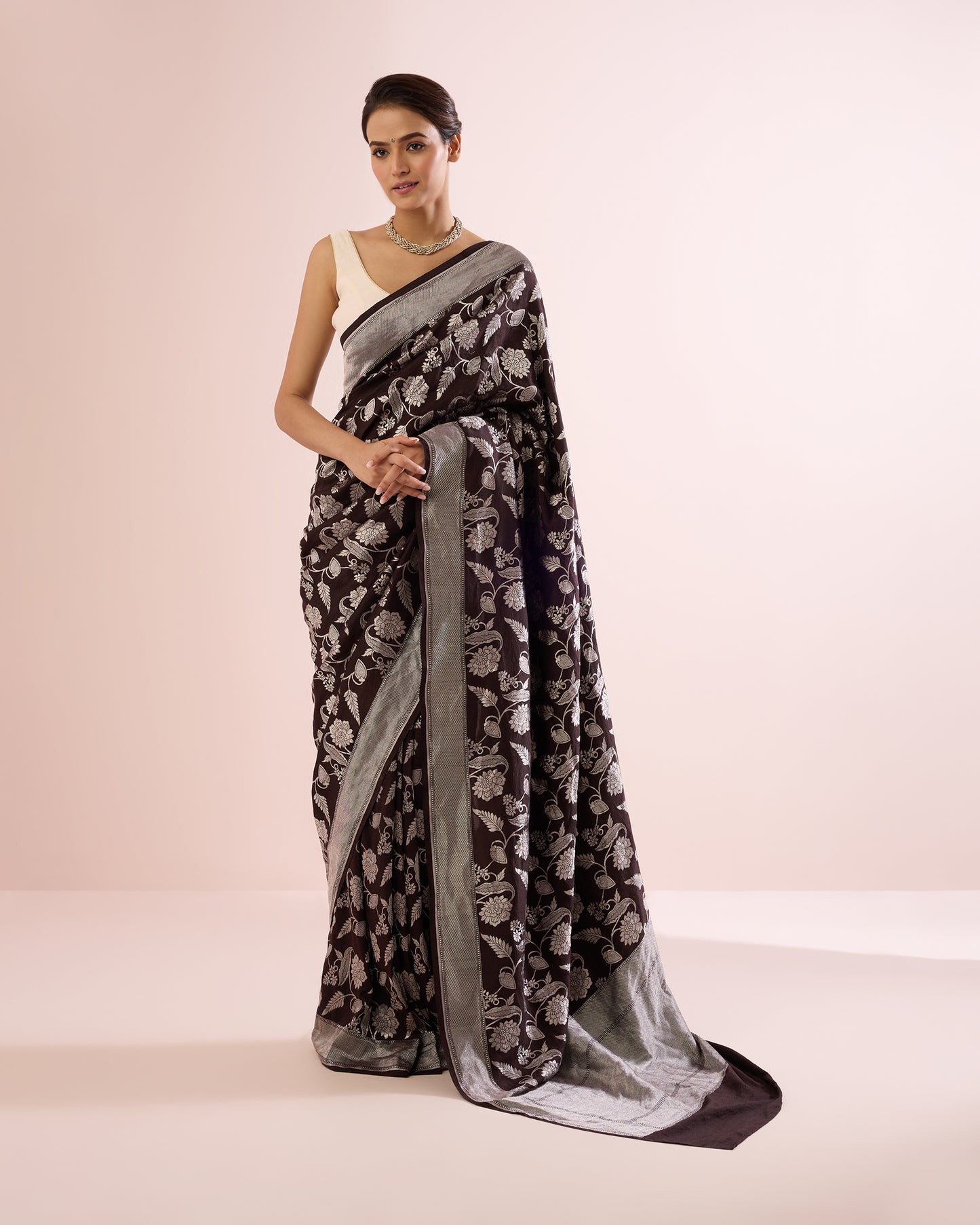 FLORAL VINE SILK DUPION SAREE – DEEP CACAO