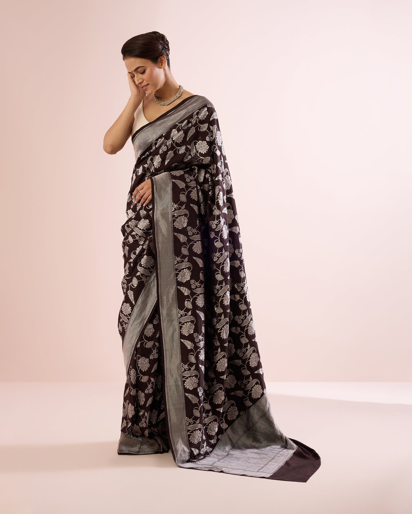 FLORAL VINE SILK DUPION SAREE – DEEP CACAO