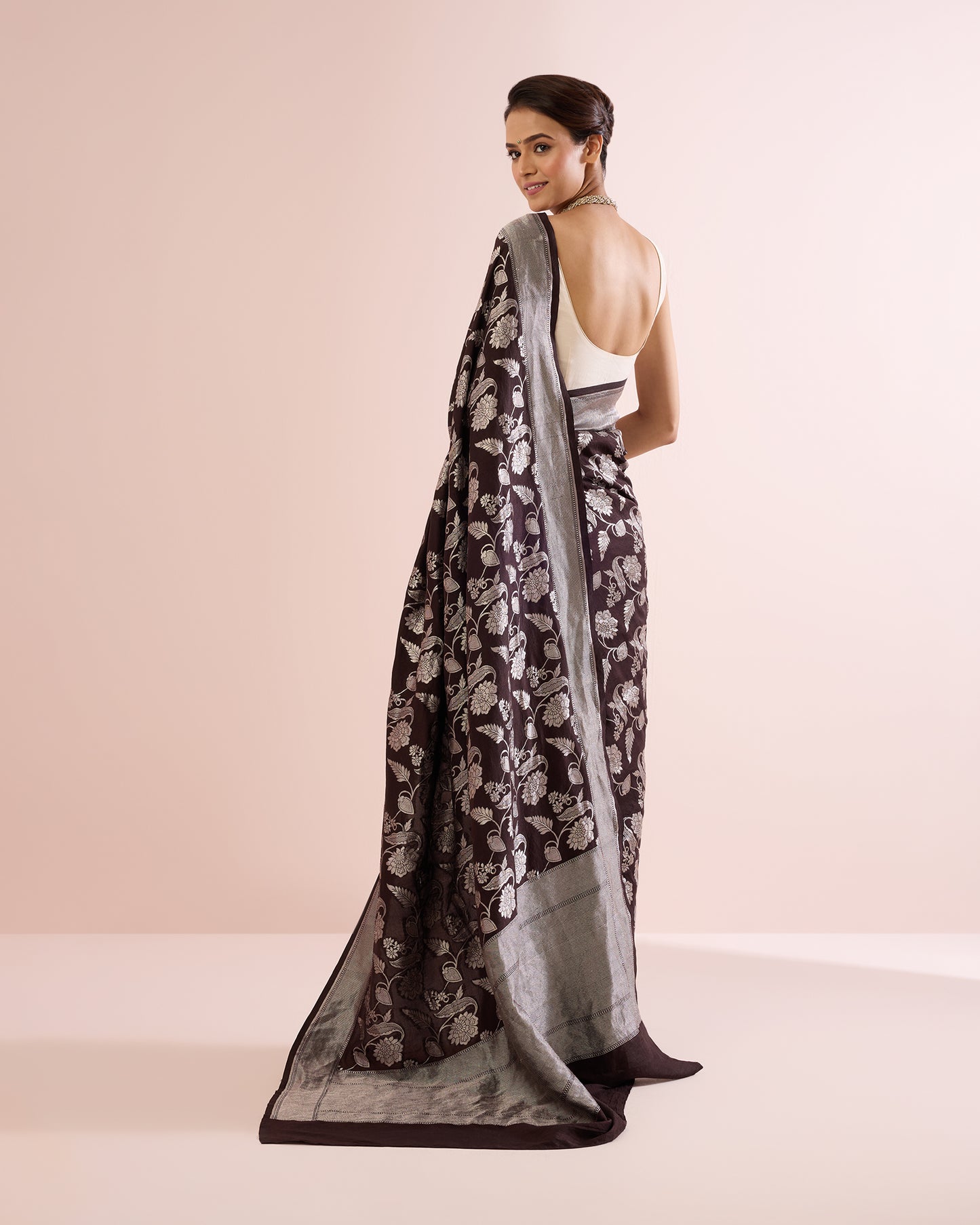 FLORAL VINE SILK DUPION SAREE – DEEP CACAO
