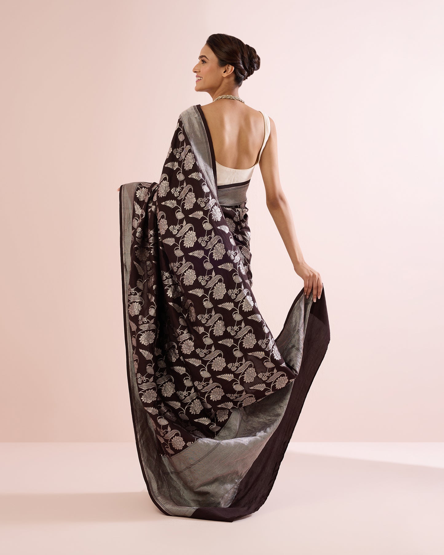 FLORAL VINE SILK DUPION SAREE – DEEP CACAO