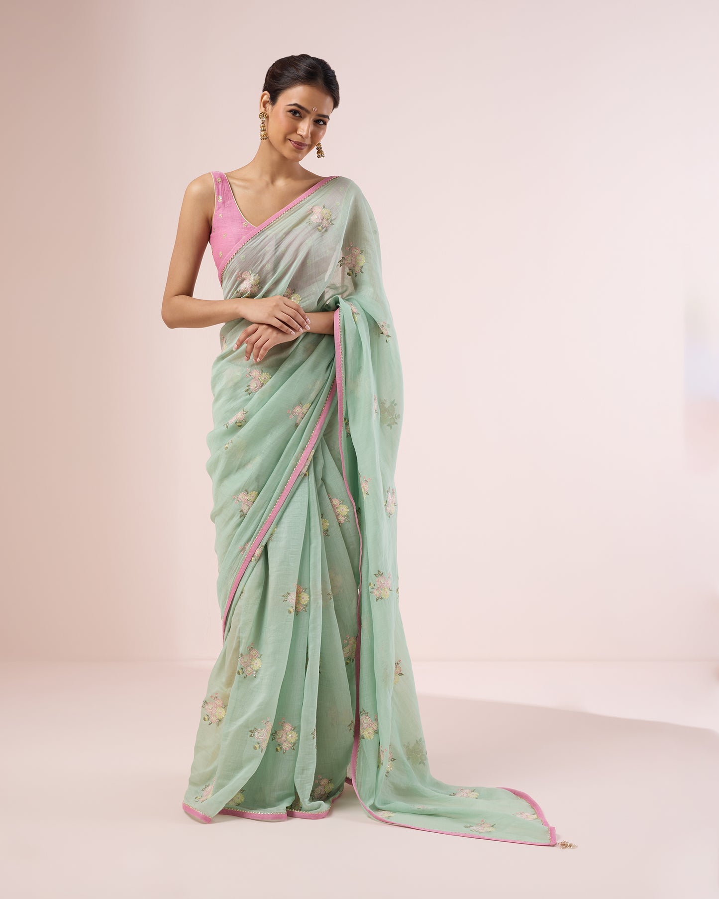 Peony Chanderi Silk Saree – Pistachio