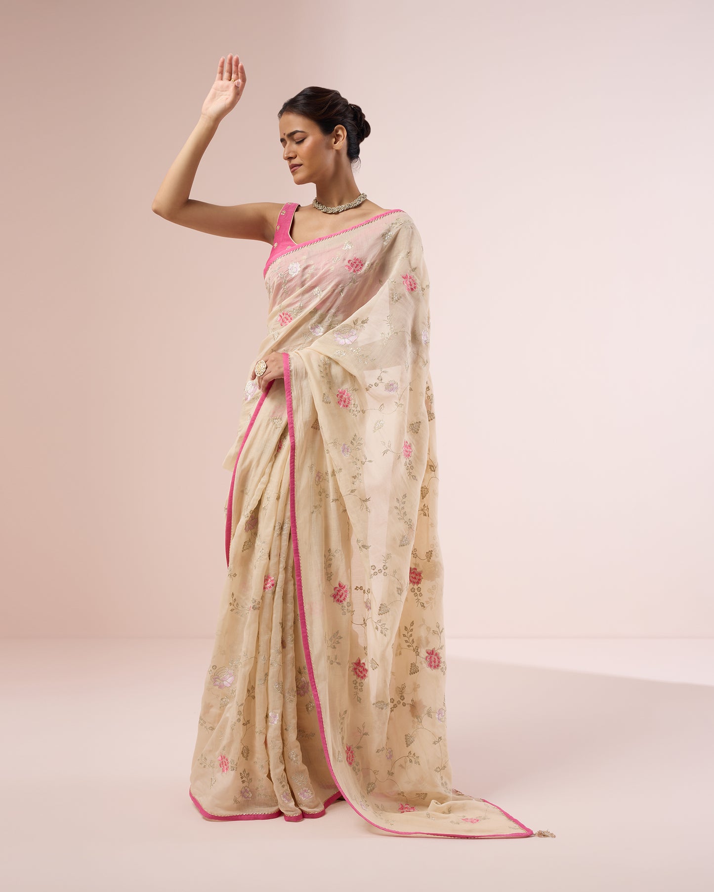 Zinia Chanderi Silk Saree – Butter Cream