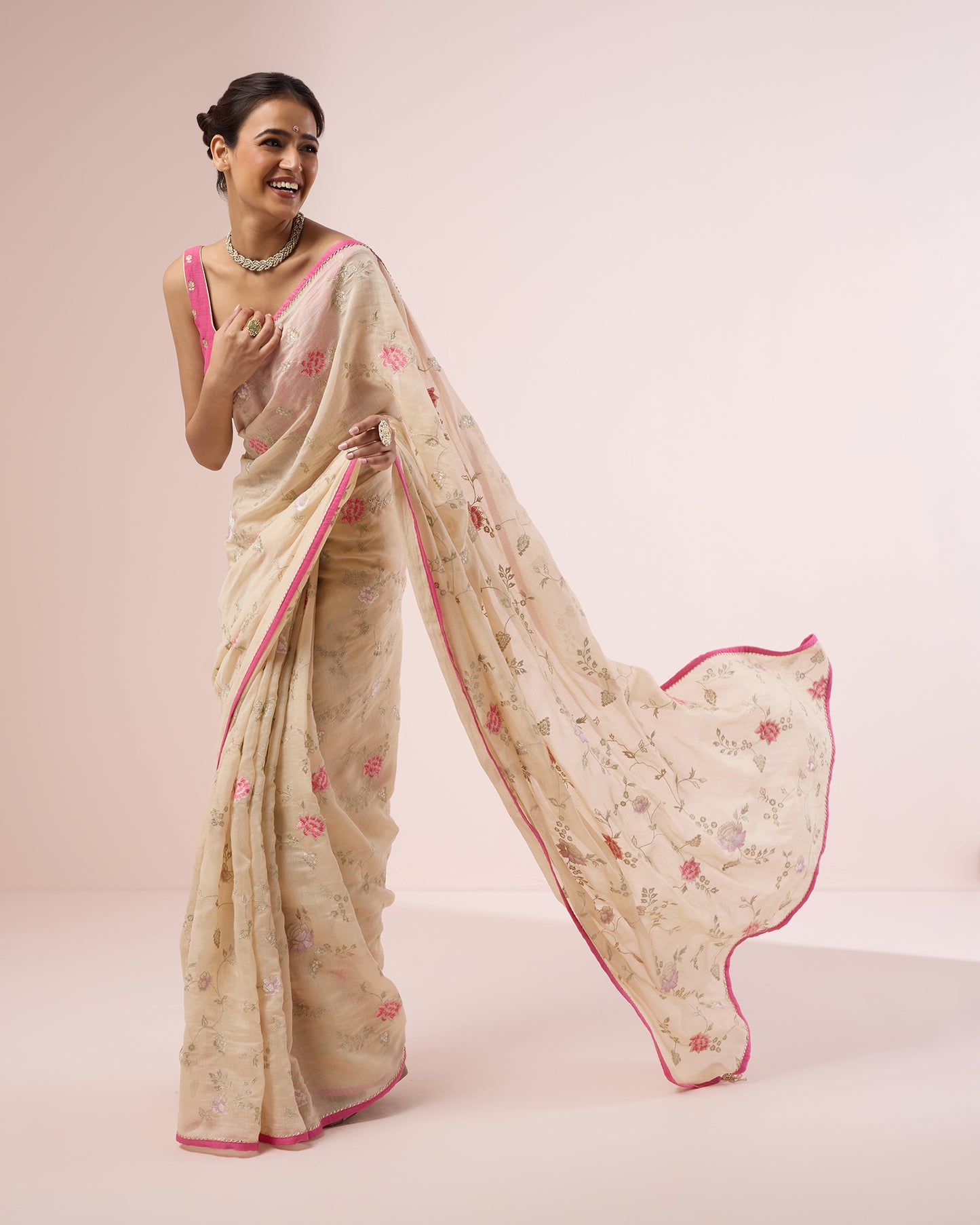 Zinia Chanderi Silk Saree – Butter Cream
