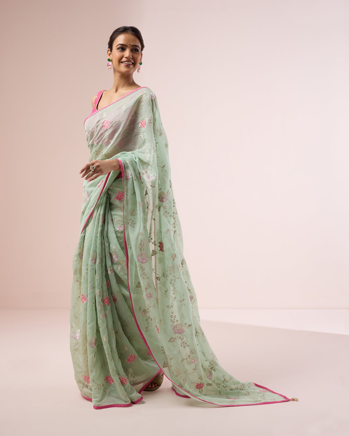 Zinia Chanderi Silk Saree – Mint Green