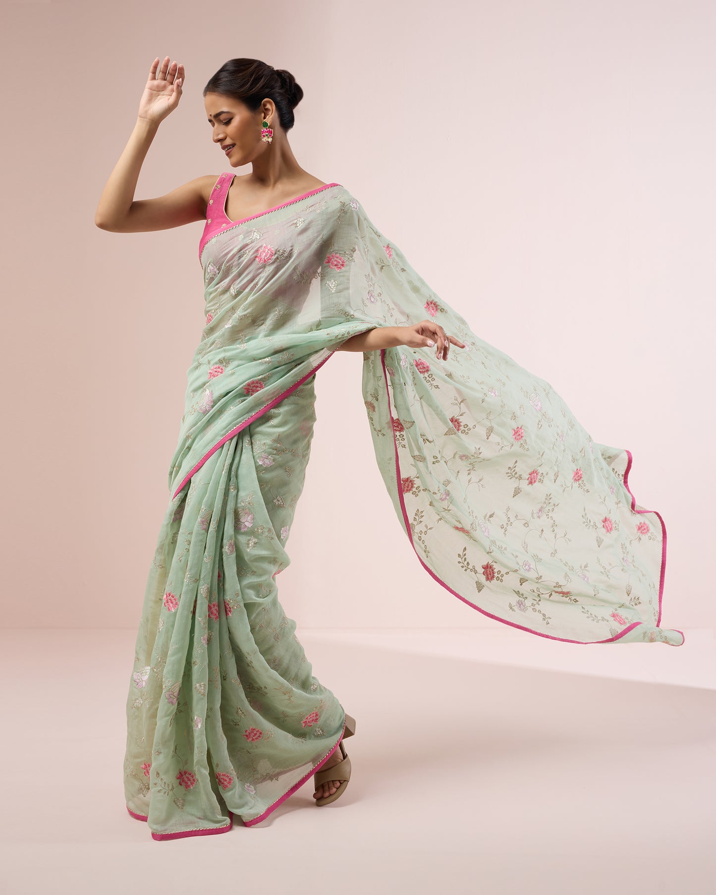 Zinia Chanderi Silk Saree – Mint Green