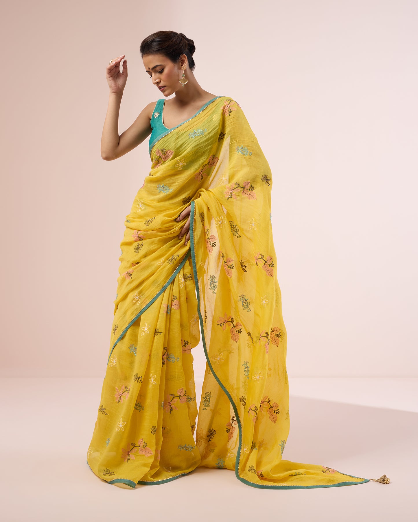 Hibiscus Chanderi Silk Saree – Chrome Yellow