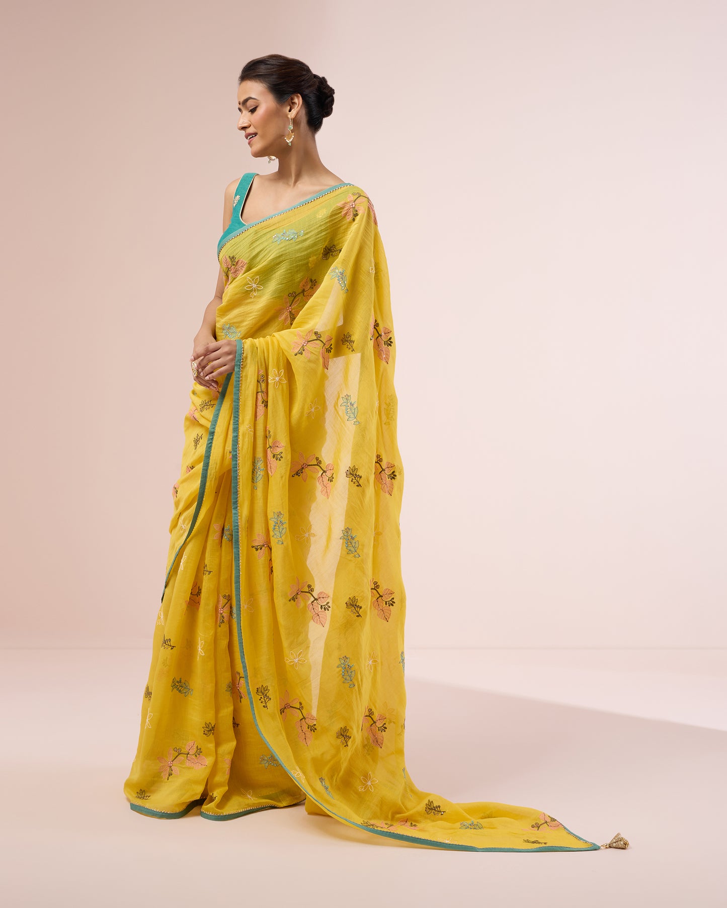 Hibiscus Chanderi Silk Saree – Chrome Yellow