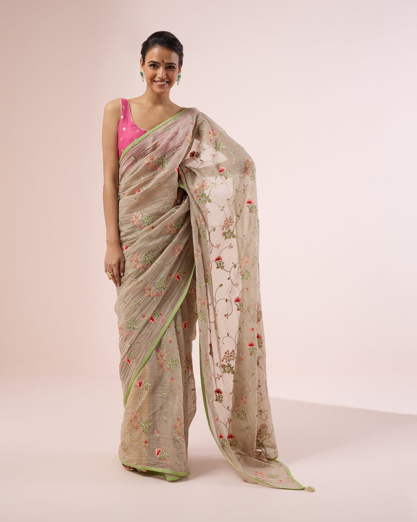 Hydrangea Chanderi Silk Saree – Mushroom