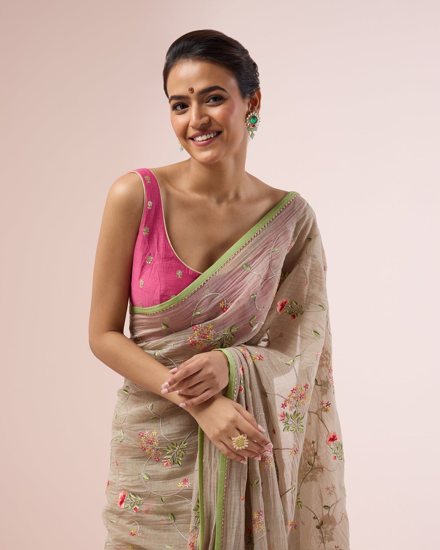 Hydrangea Chanderi Silk Saree – Mushroom