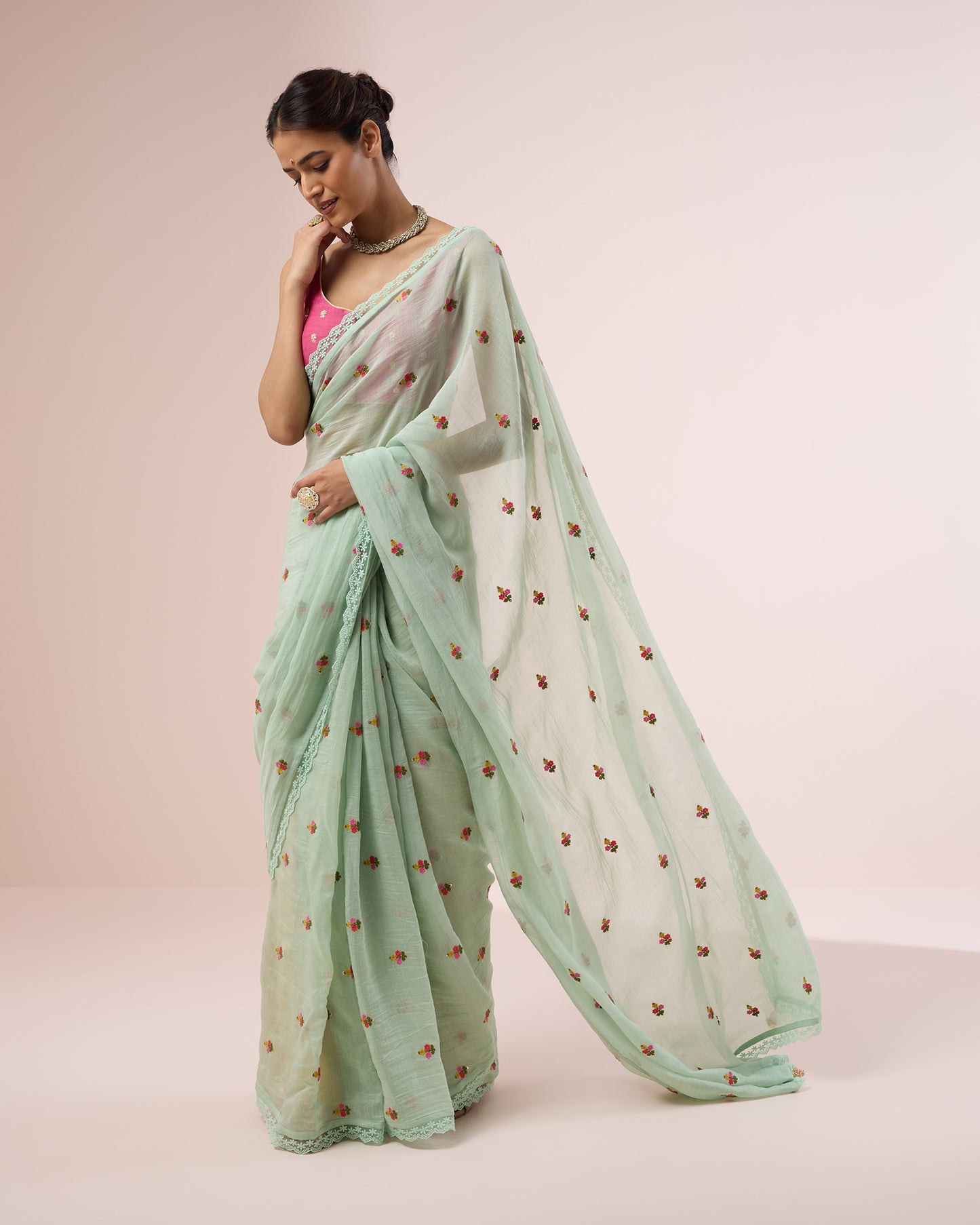 Primrose Chanderi Silk Saree – Mint