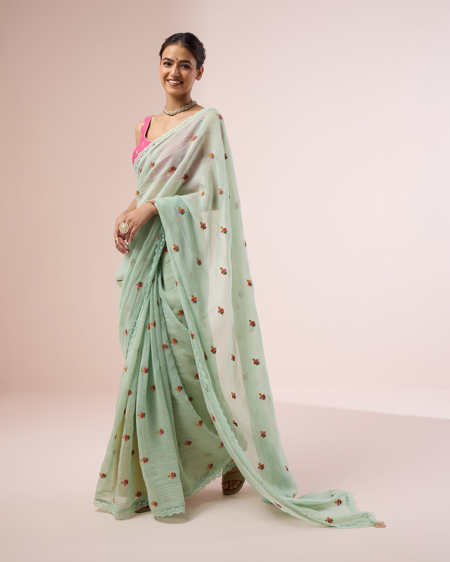 Primrose Chanderi Silk Saree – Mint