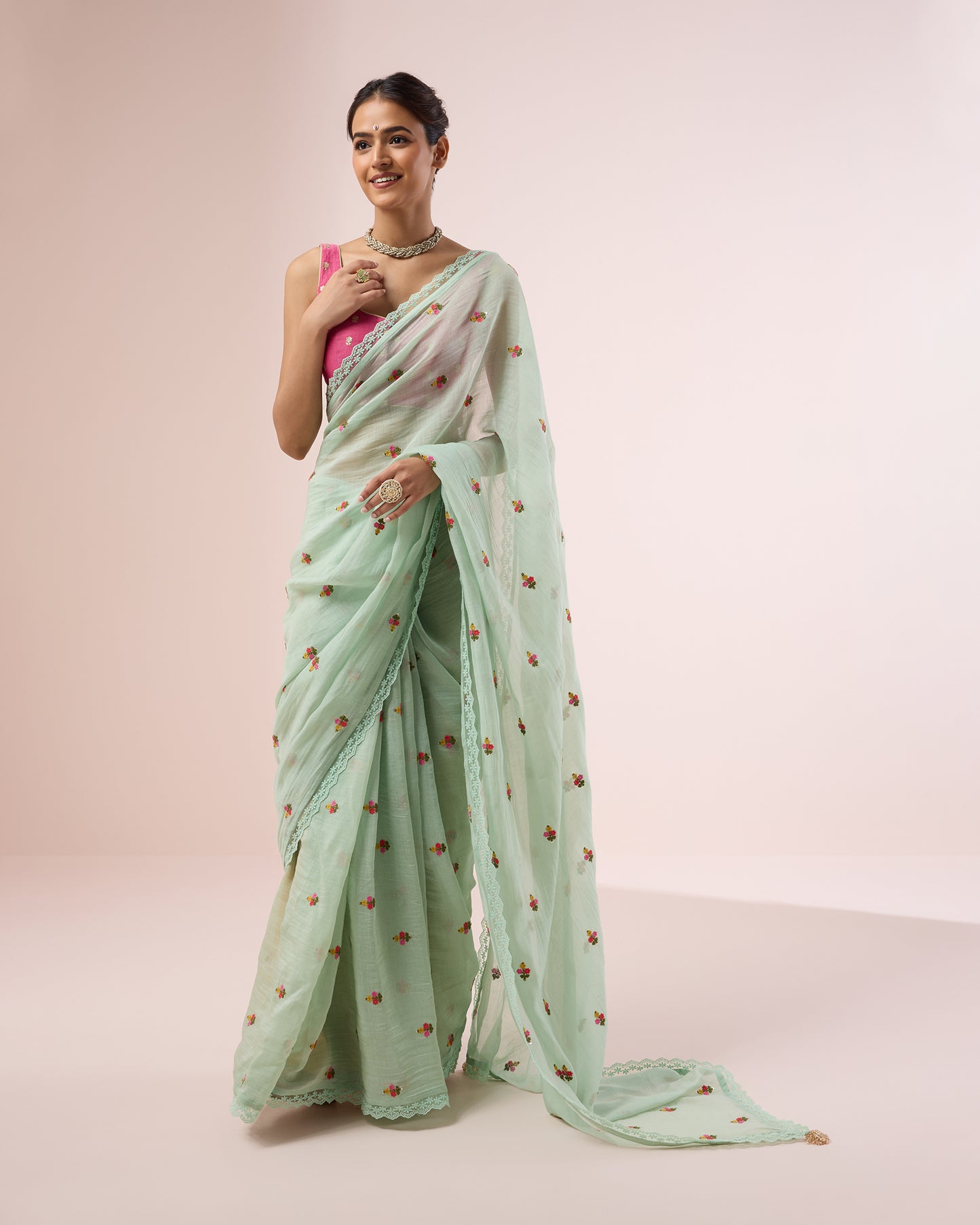 Primrose Chanderi Silk Saree – Mint