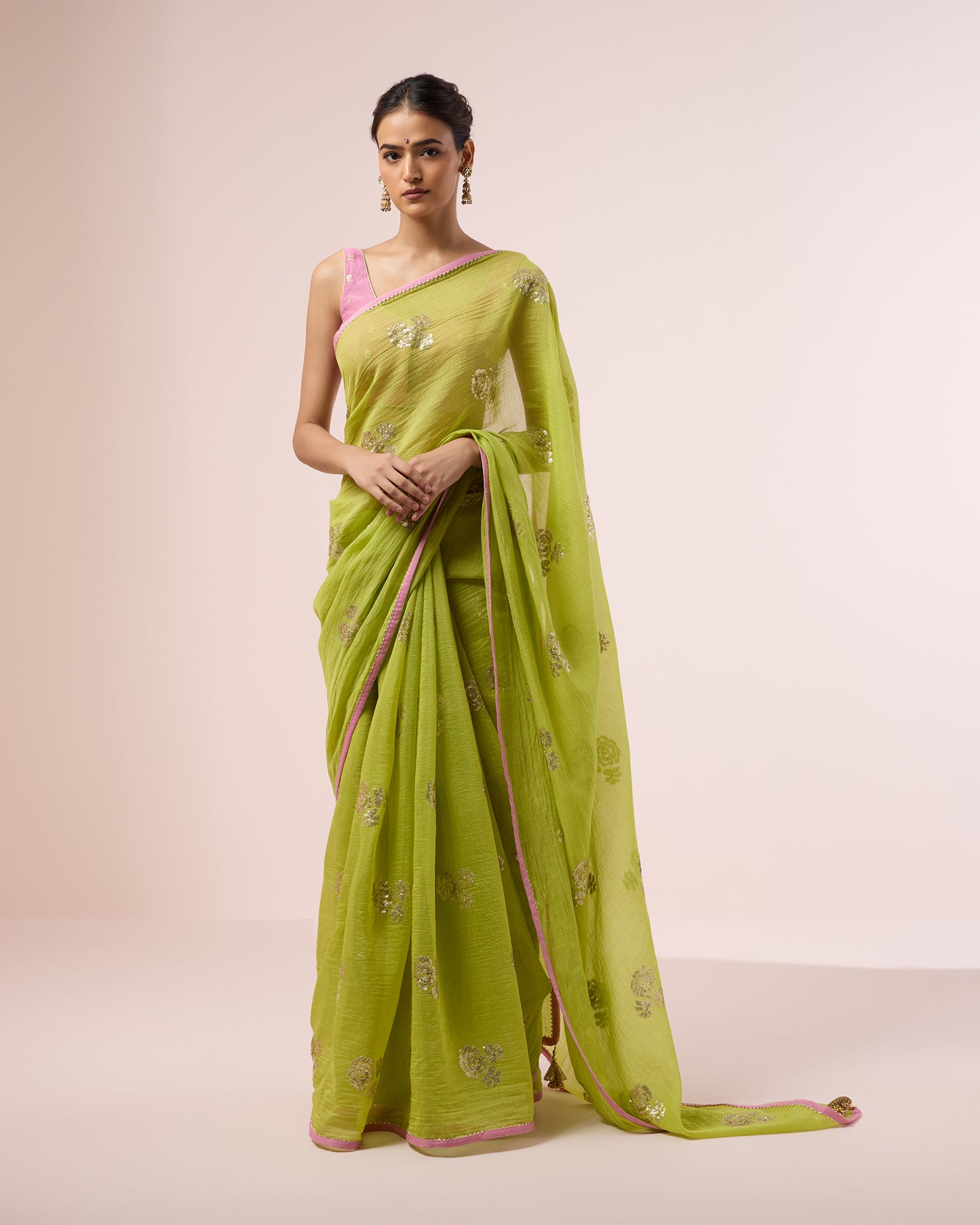 Rose Sequin Chanderi Silk Saree – Lime Green