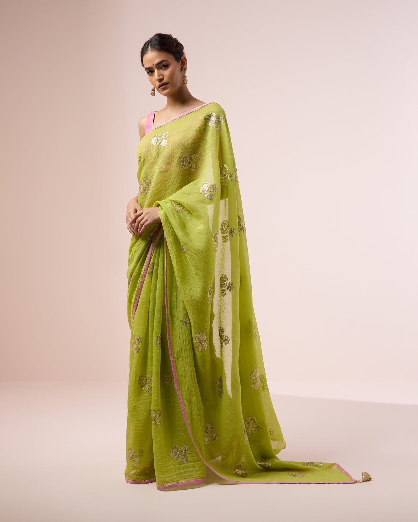Rose Sequin Chanderi Silk Saree – Lime Green