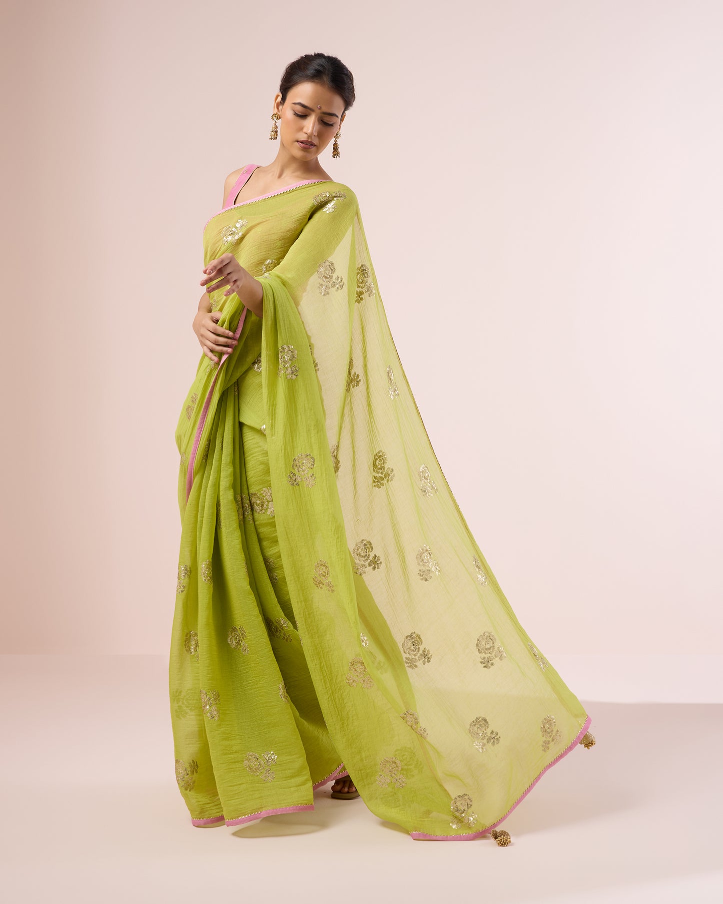 Rose Sequin Chanderi Silk Saree – Lime Green
