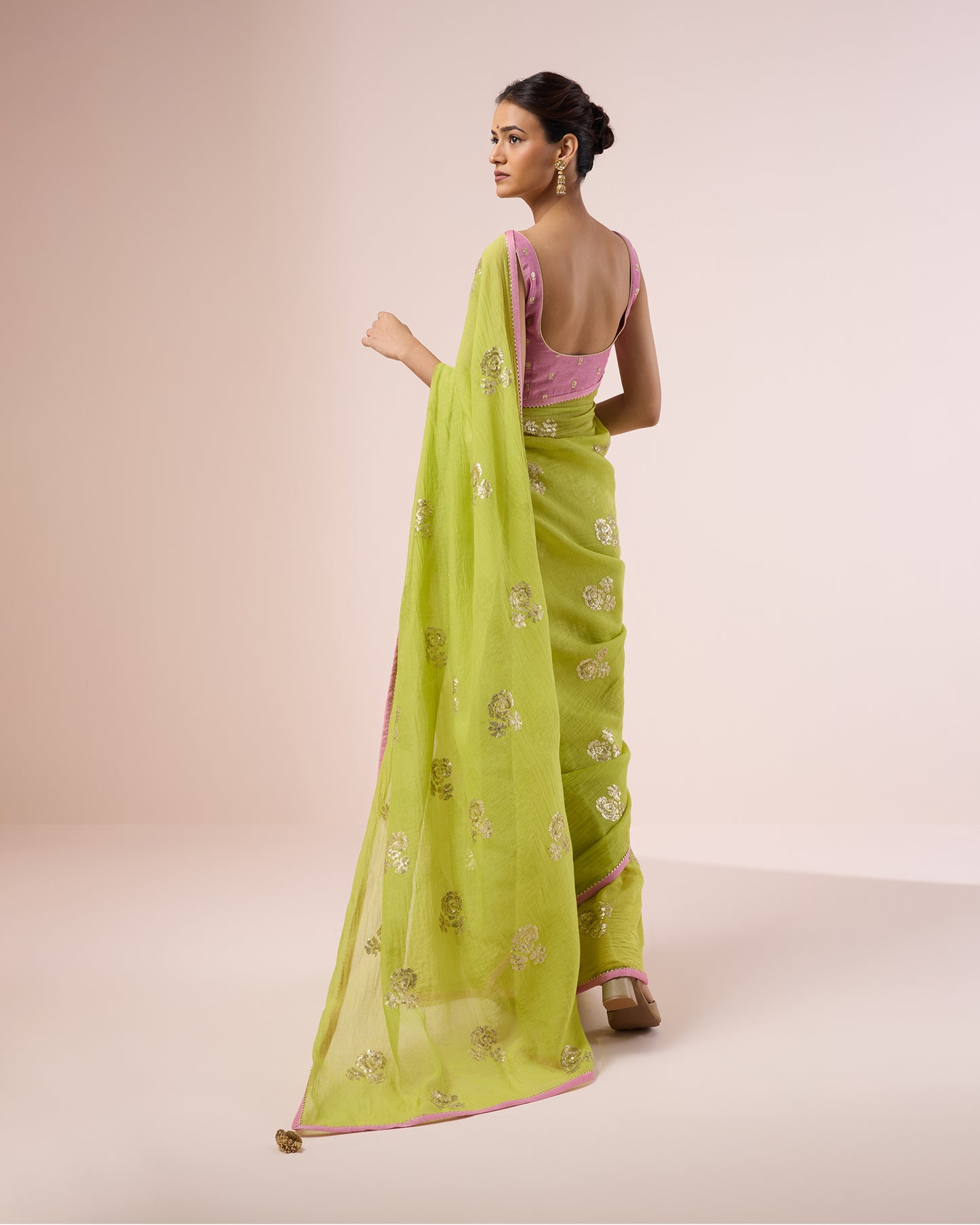 Rose Sequin Chanderi Silk Saree – Lime Green