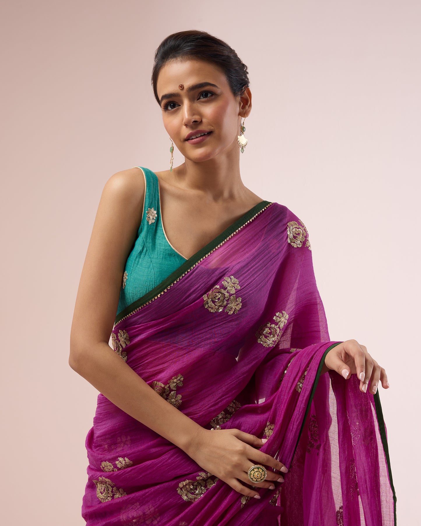 Rose Sequin Chanderi Silk Saree – Aubergine