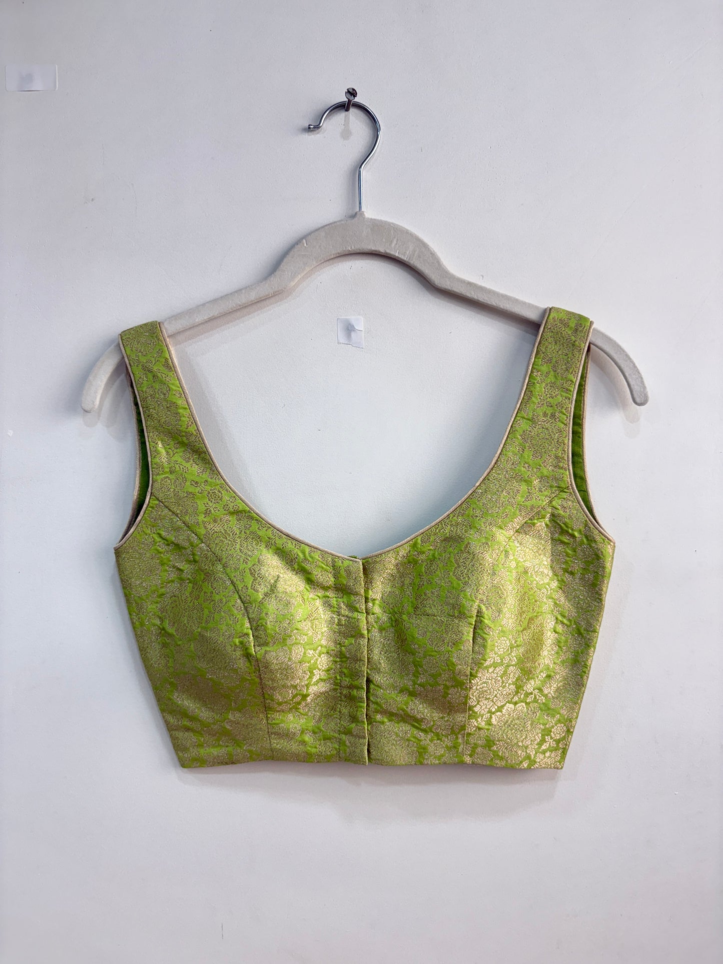 LIME BROCADE SLEEVELESS BLOUSE WITH PADS