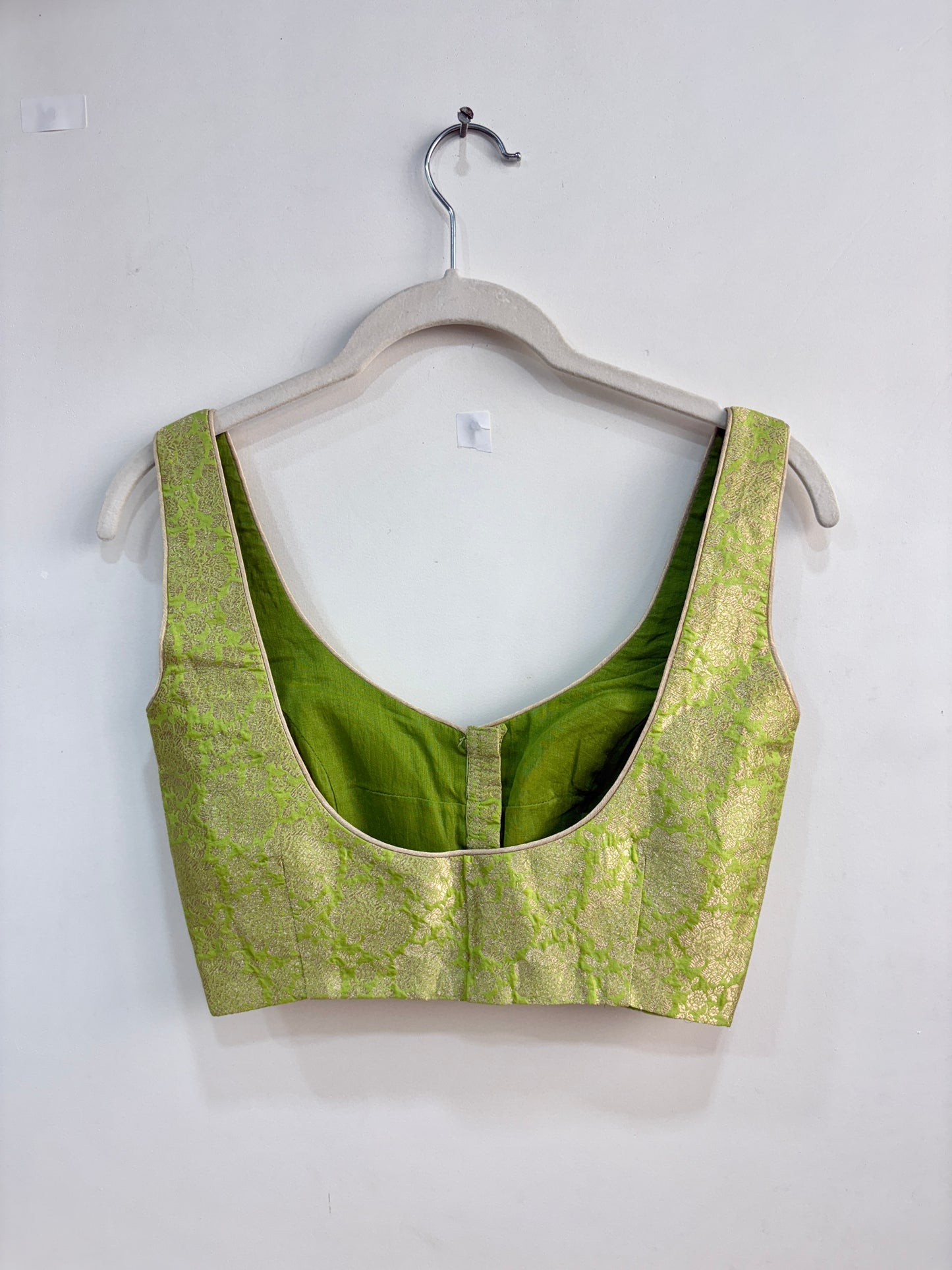 LIME BROCADE SLEEVELESS BLOUSE WITH PADS